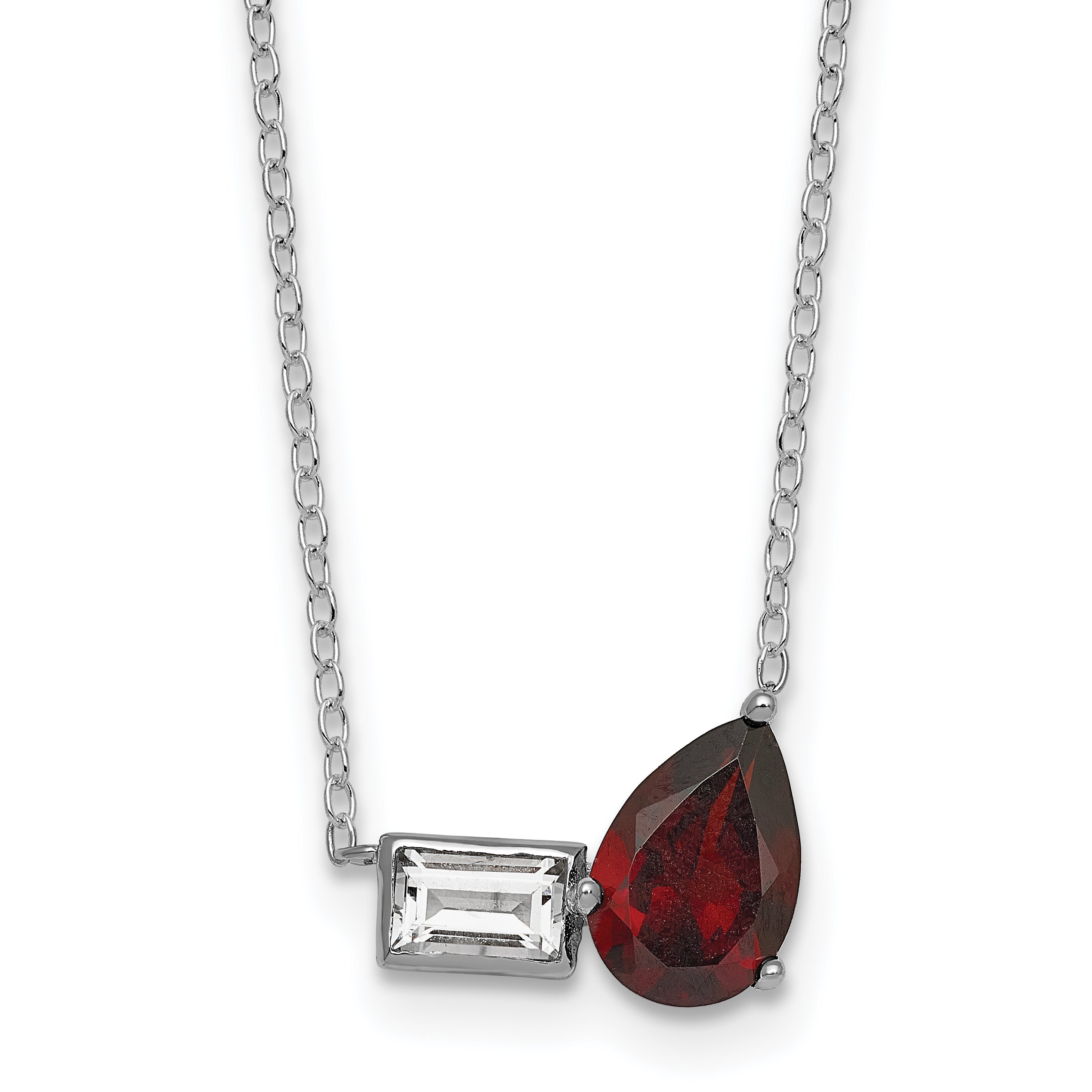 Sterling Silver Rhodium-plated Polished Pear Garnet and Emerald-cut White Topaz 16 Inch with 2 Inch Extension Necklace