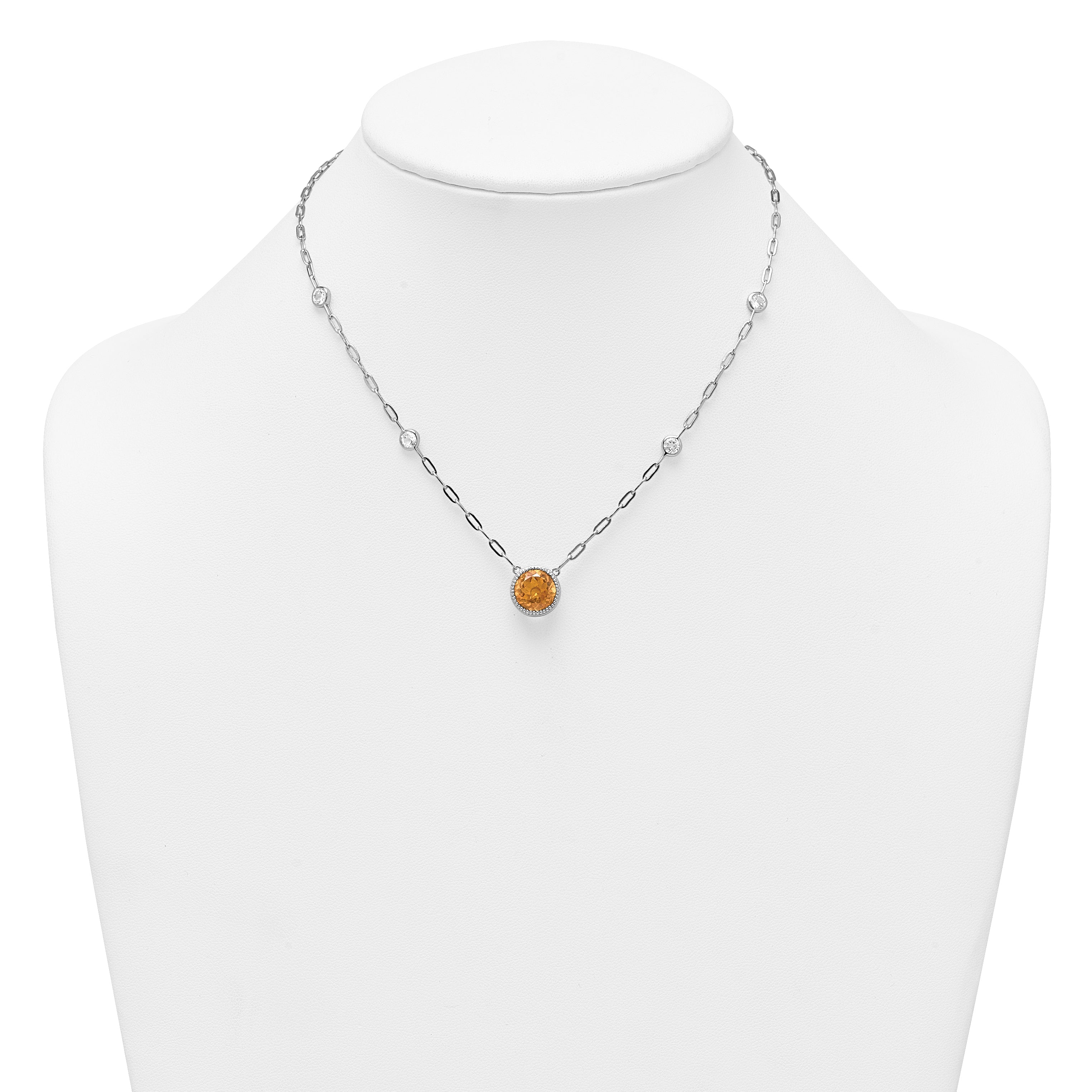 Sterling Silver Rhodium-plated Polished Round Citrine and White Topaz 16 inch with 2 inch Extension Necklace