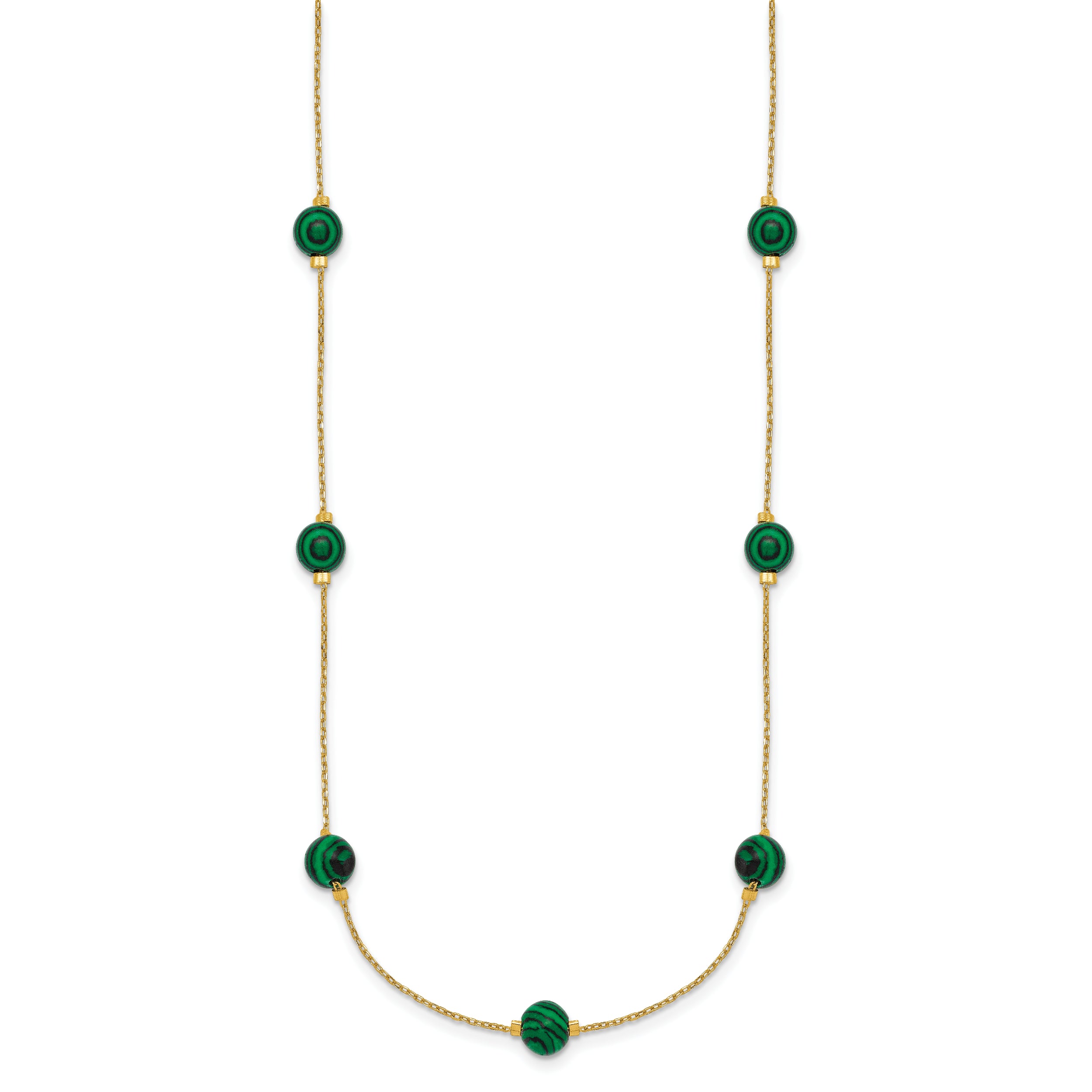 Sterling Silver Gold-Tone Polished Lab Created Malachite 16 Inch with 2 Inch Extension Necklace