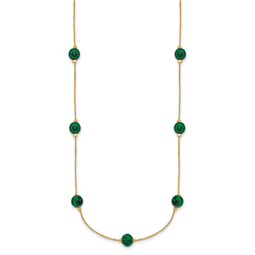 Sterling Silver Gold-Tone Polished Lab Created Malachite 16 Inch with 2 Inch Extension Necklace