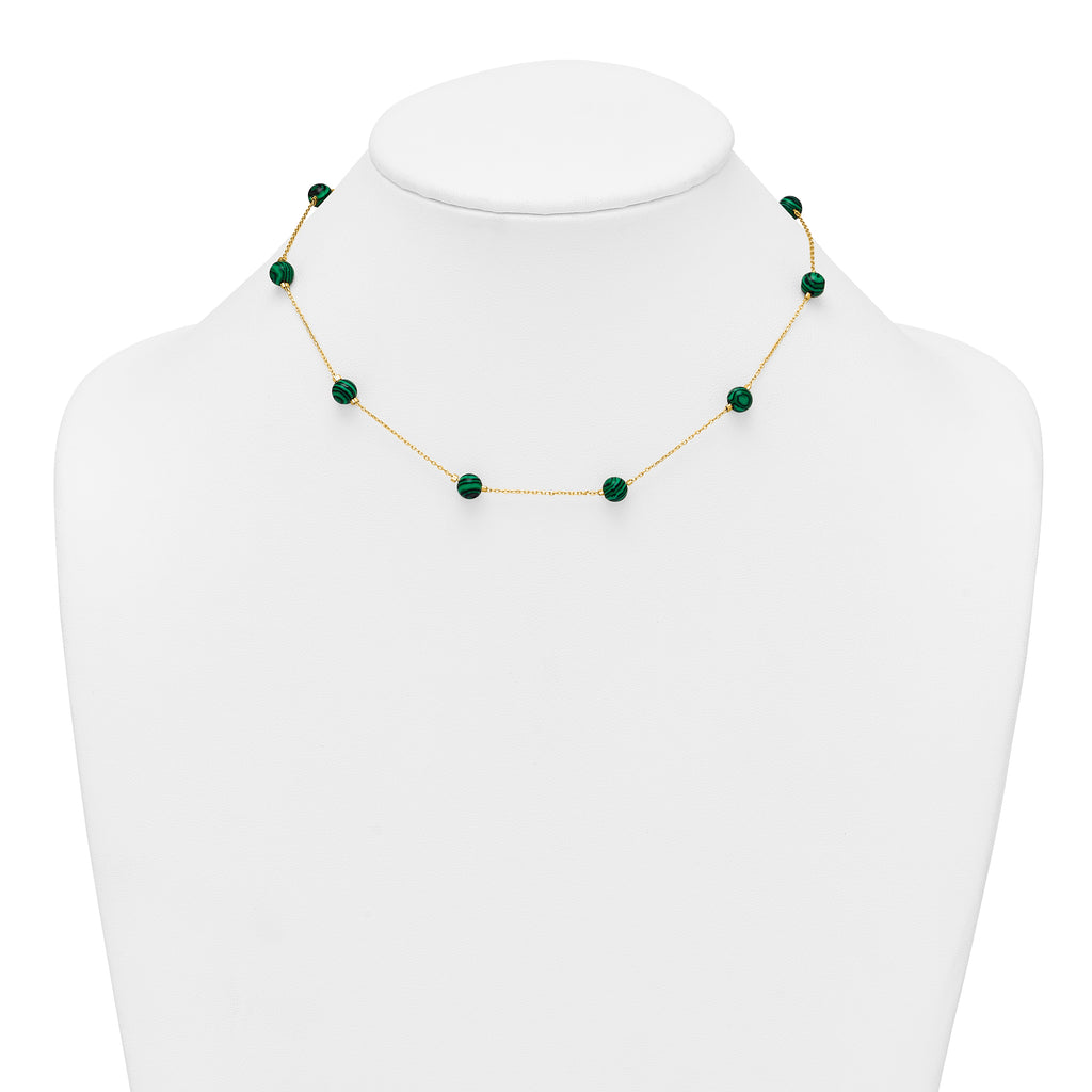 Sterling Silver Gold-Tone Polished Lab Created Malachite 16 Inch with 2 Inch Extension Necklace