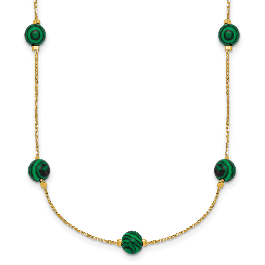 Sterling Silver Gold-Tone Polished Lab Created Malachite 16 Inch with 2 Inch Extension Necklace