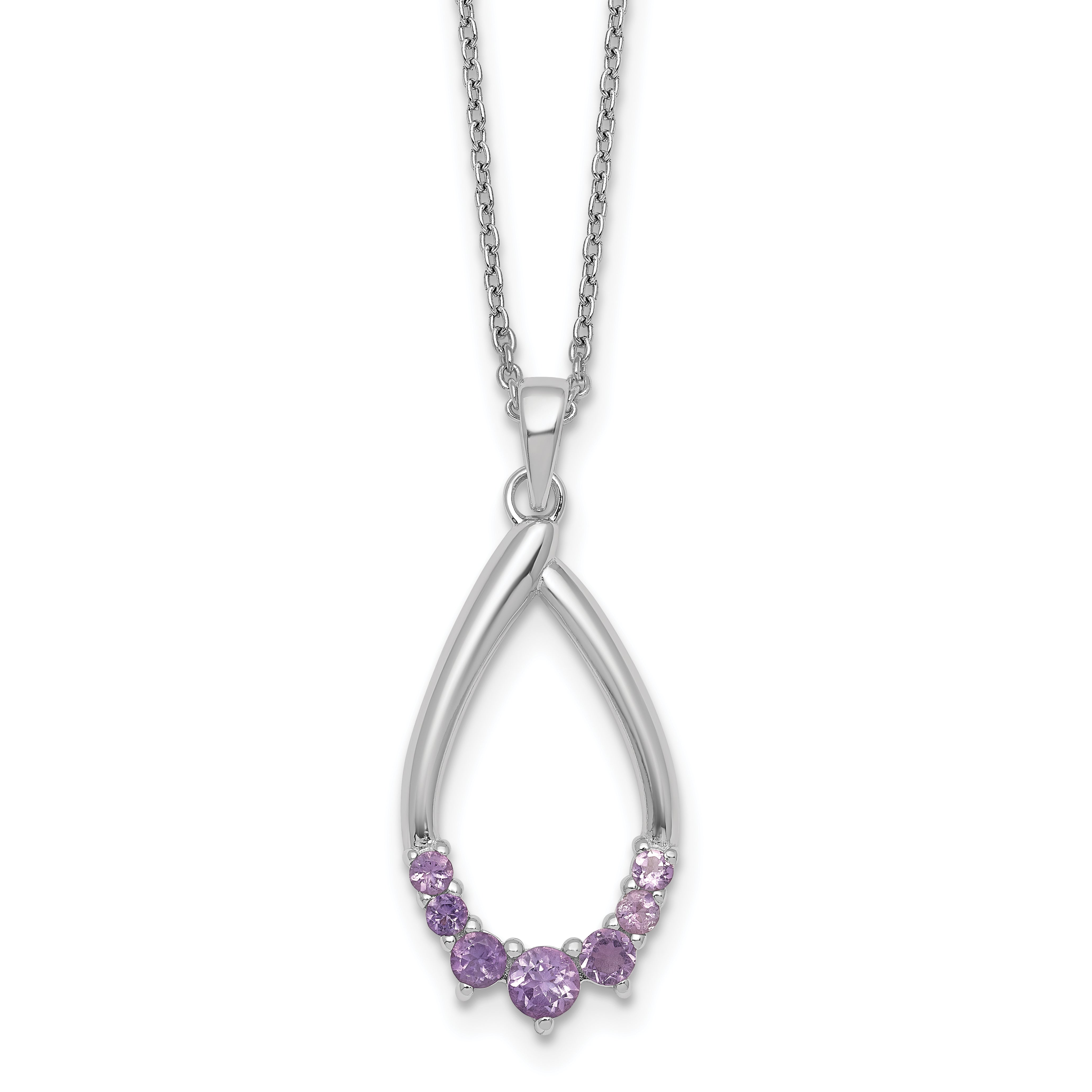 Sterling Silver Rhodium-plated Polished Amethyst Teardrop 16 Inch with 2 Inch Extension Necklace