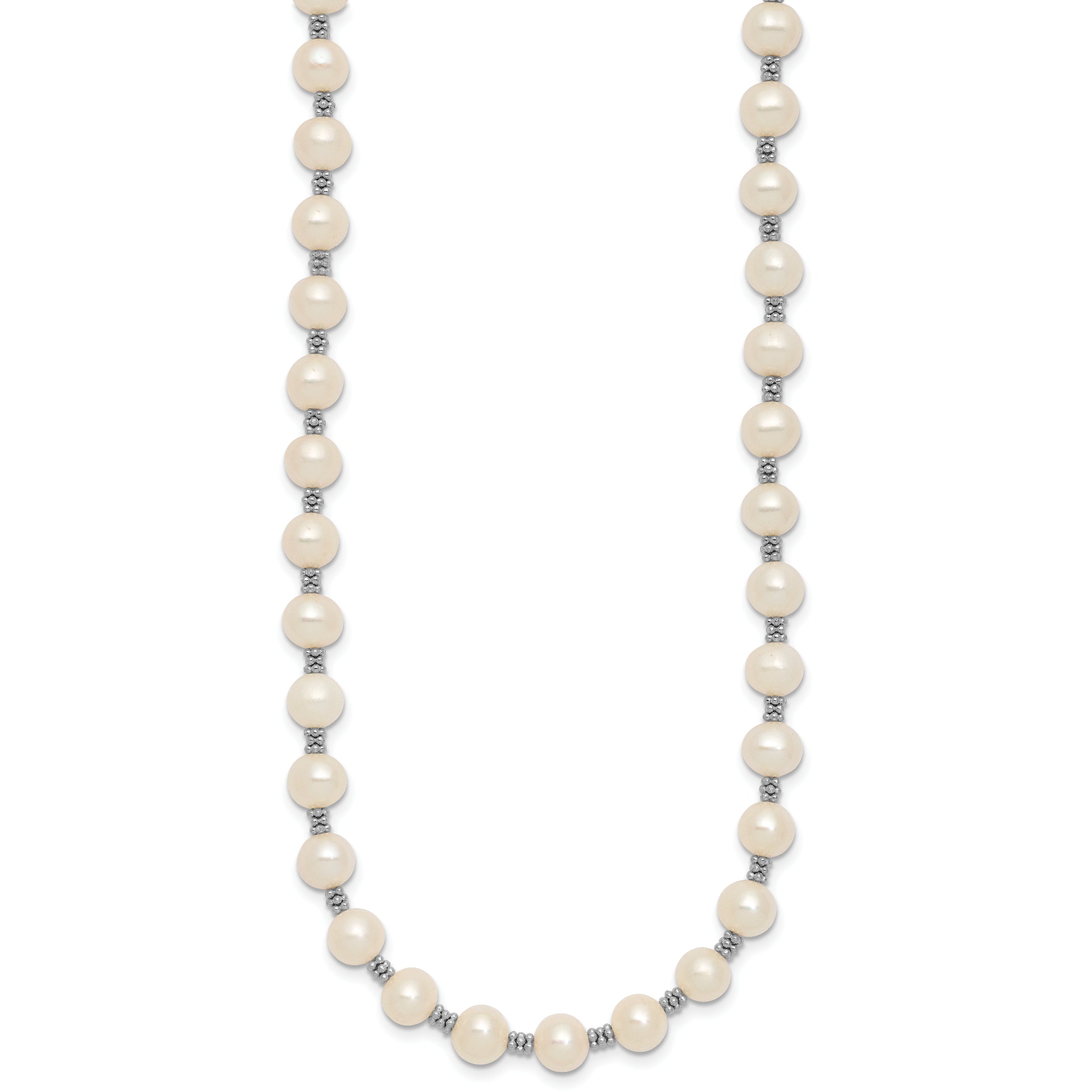 Sterling Silver Rhodium-plated 6-7mm White Round Freshwater Cultured Pearl 16 inch with 2 inch Extension Necklace