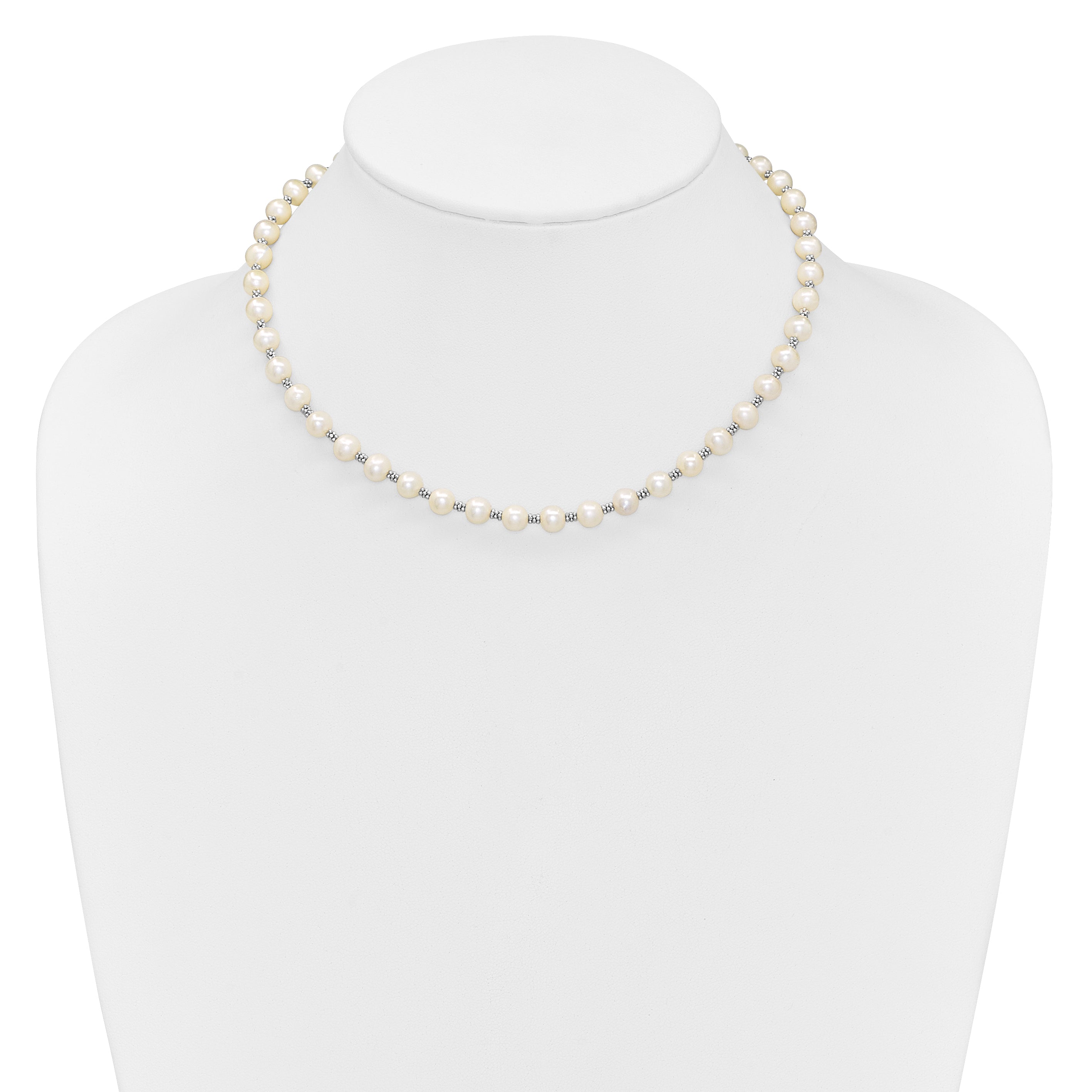Sterling Silver Rhodium-plated 6-7mm White Round Freshwater Cultured Pearl 16 inch with 2 inch Extension Necklace