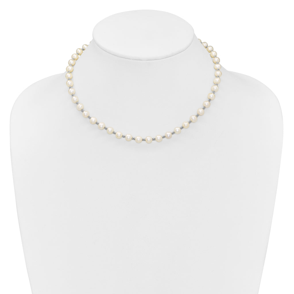 Sterling Silver Rhodium-plated 6-7mm White Round Freshwater Cultured Pearl 16 inch with 2 inch Extension Necklace