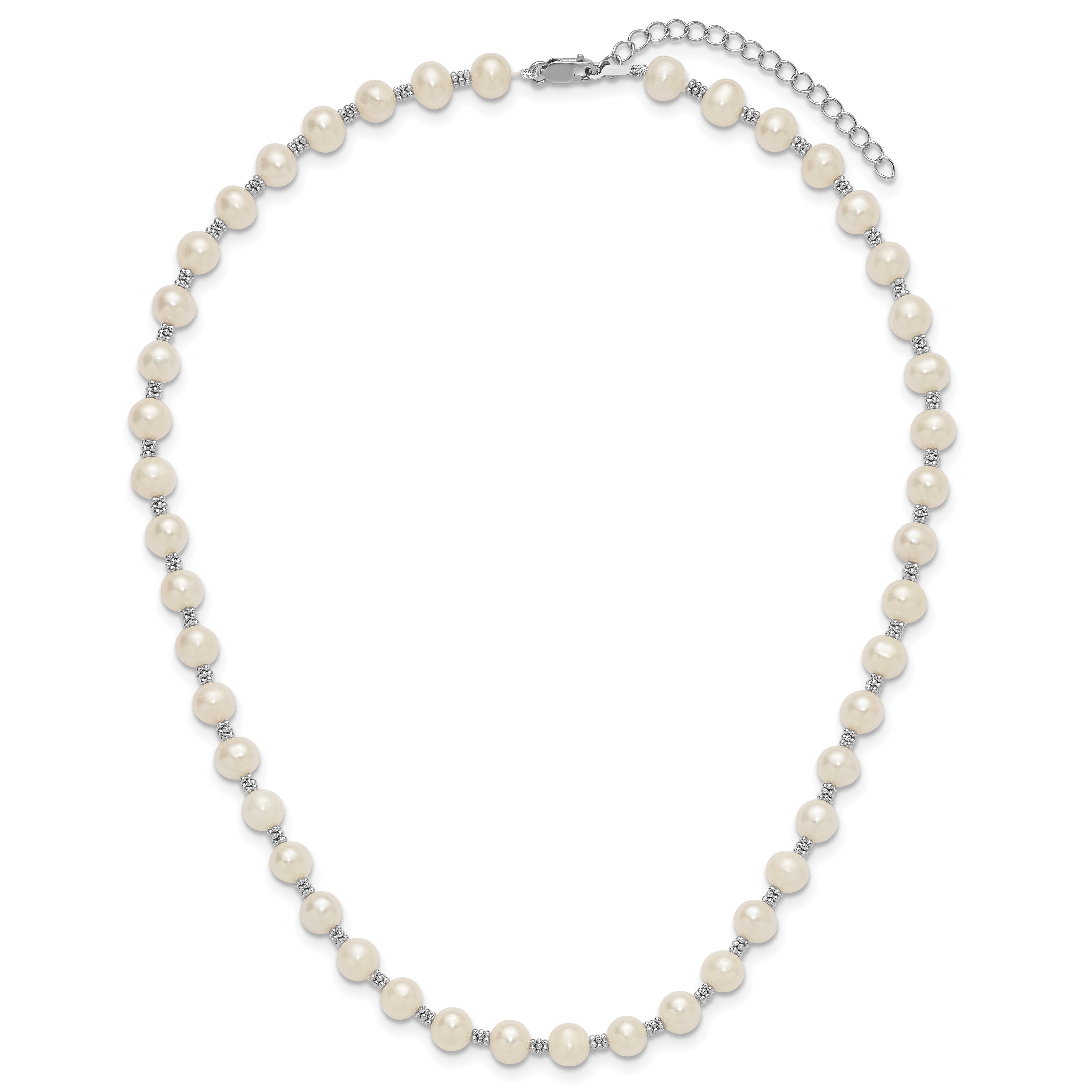 Sterling Silver Rhodium-plated 6-7mm White Round Freshwater Cultured Pearl 16 inch with 2 inch Extension Necklace