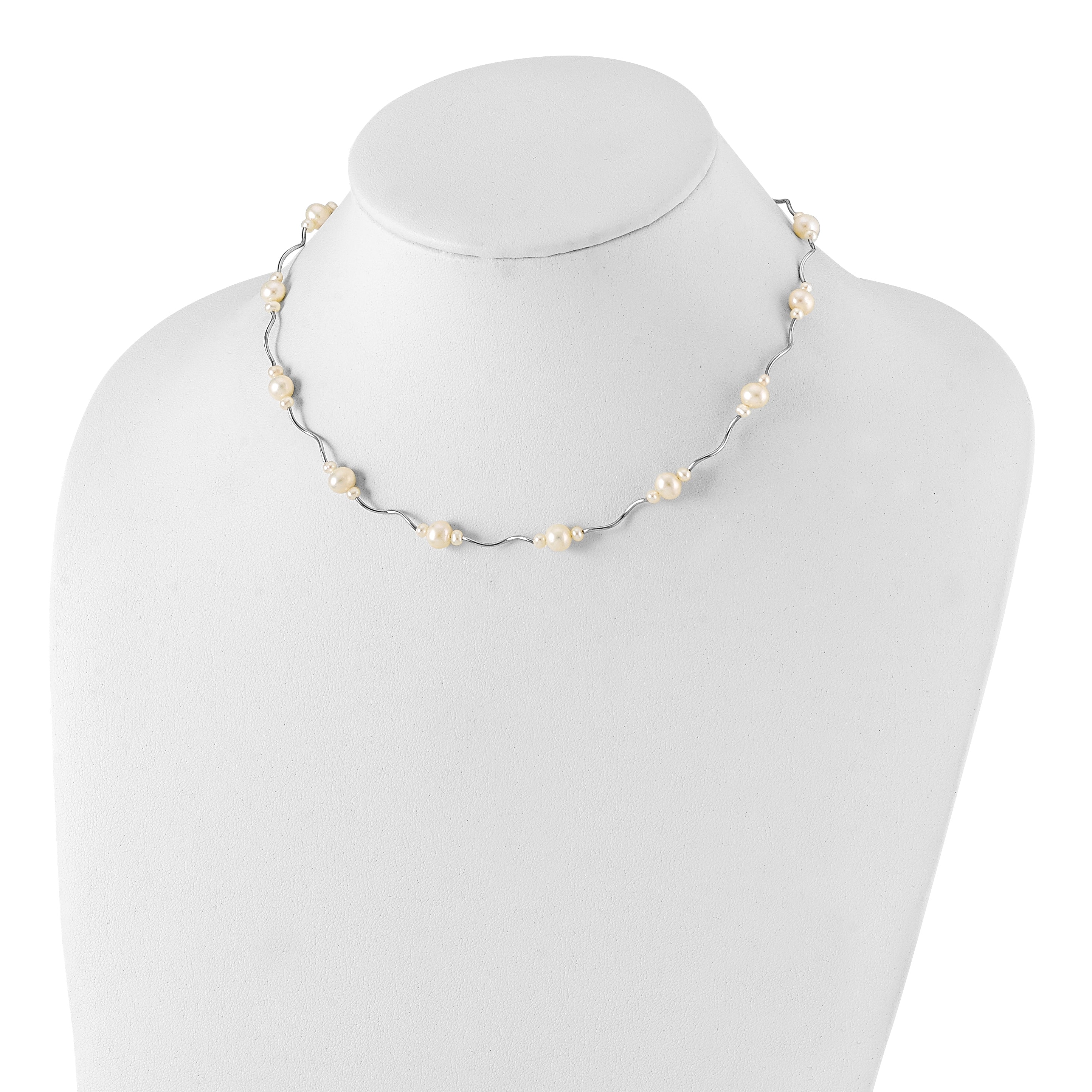 Sterling Silver Rhodium-plated 3-7mm White Near-Round Freshwater Cultured Pearl 13-Station 16 inch with 2.5 inch Extension Necklace Secondary image