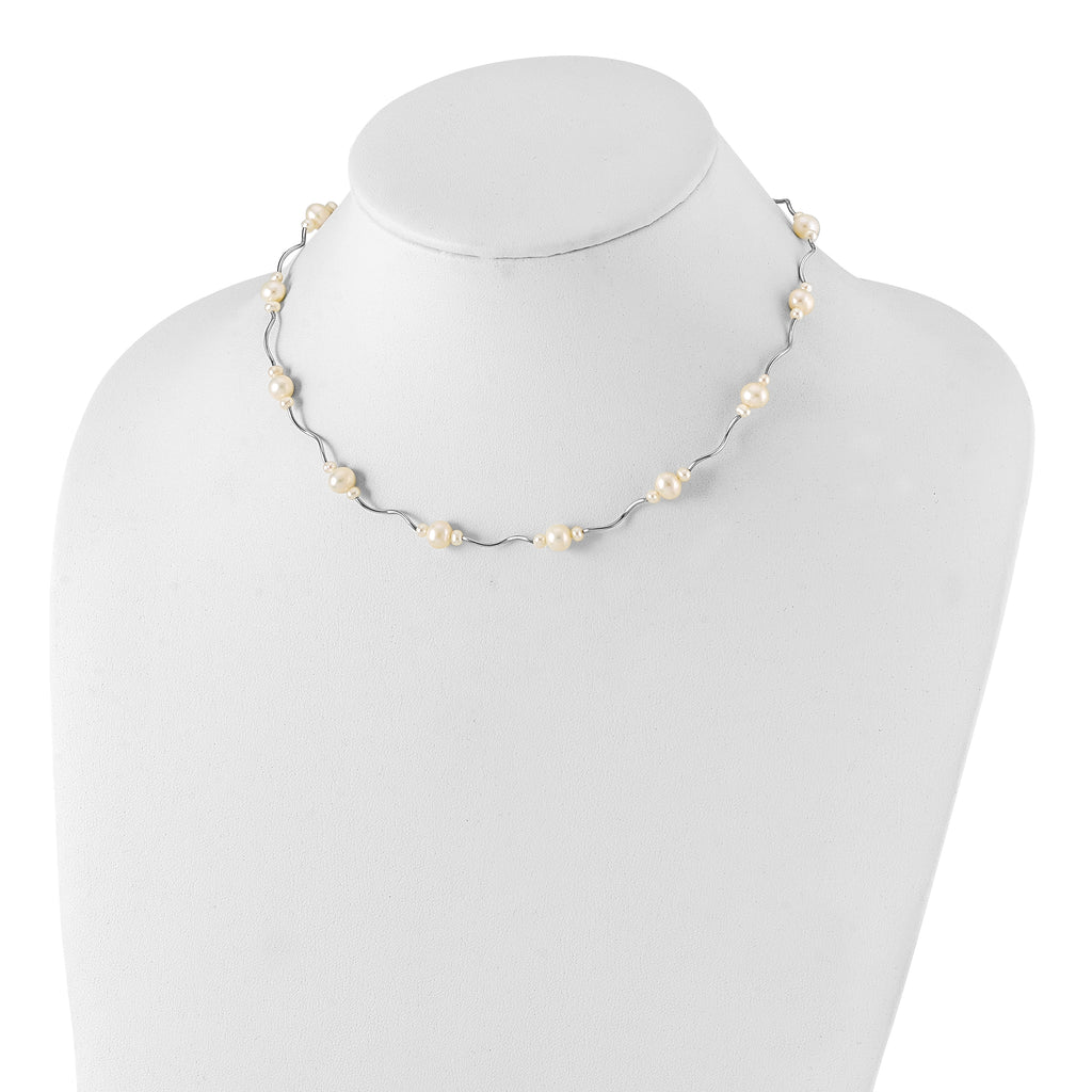 Sterling Silver Rhodium-plated 3-7mm White Near-Round Freshwater Cultured Pearl 13-Station 16 inch with 2.5 inch Extension Necklace
