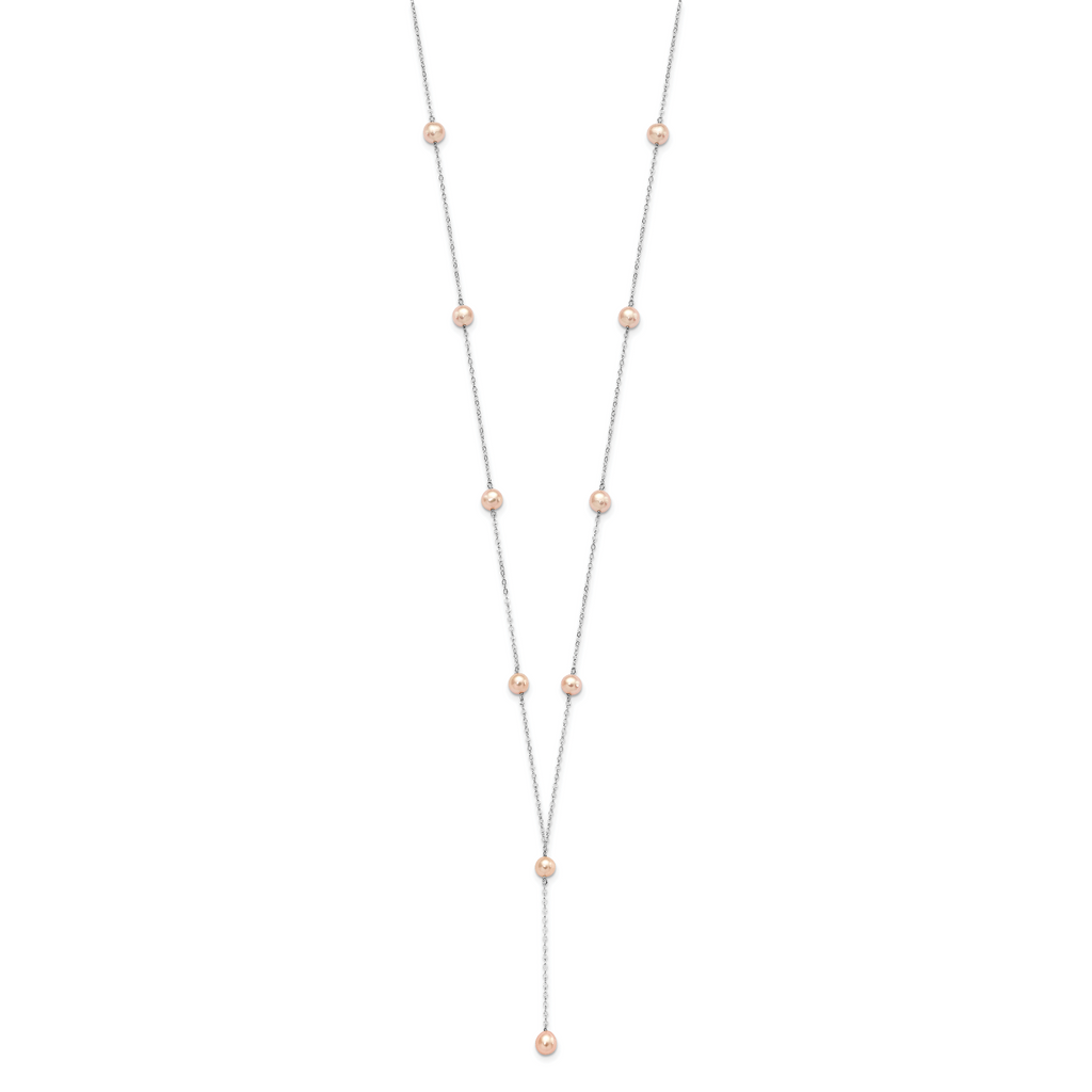 Sterling Silver Rhodium-plated 6-8mm Pink Teardrop and Semi-Round Freshwater Cultured Pearl 6-Station Y-Drop 16 inch Necklace