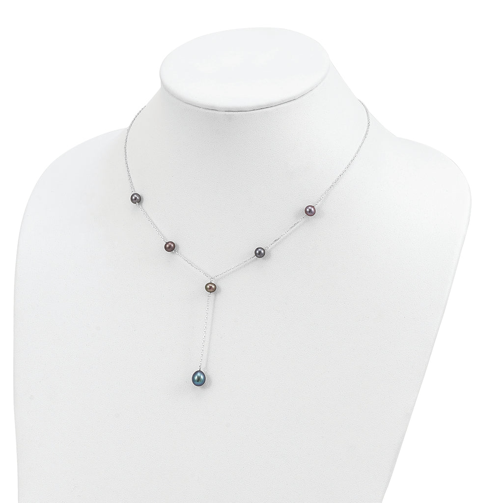 Sterling Silver Rhodium-plated 6-8mm Black Teardrop and Semi-Round Freshwater Cultured Pearl 6-Station Y-Drop 16 inch Necklace