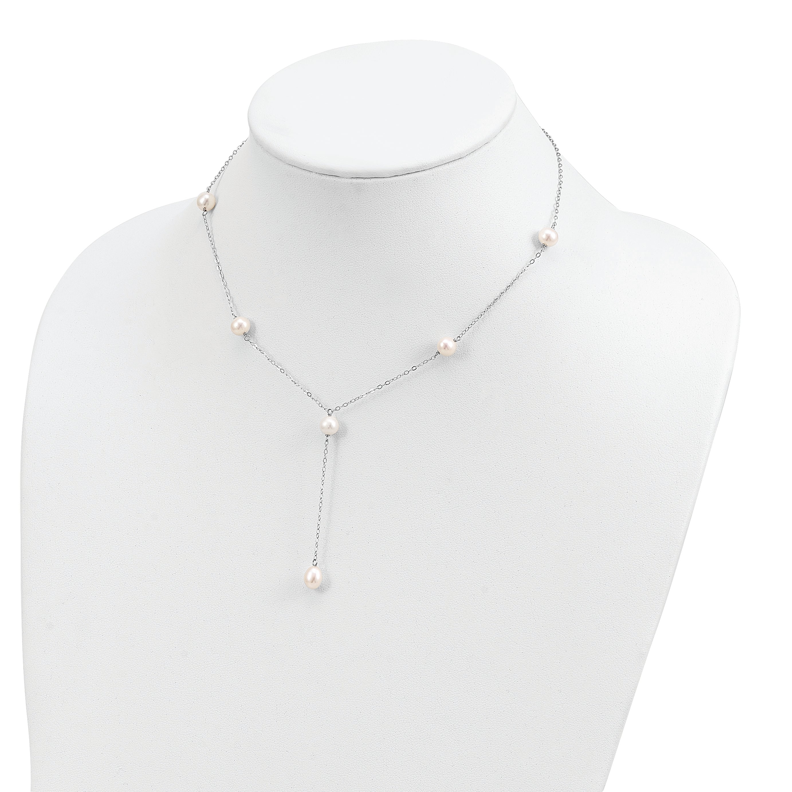 Sterling Silver Rhodium-plated 6-8mm White Teardrop and Semi-Round Freshwater Cultured Pearl 6-Station Y-Drop 16 inch Necklace