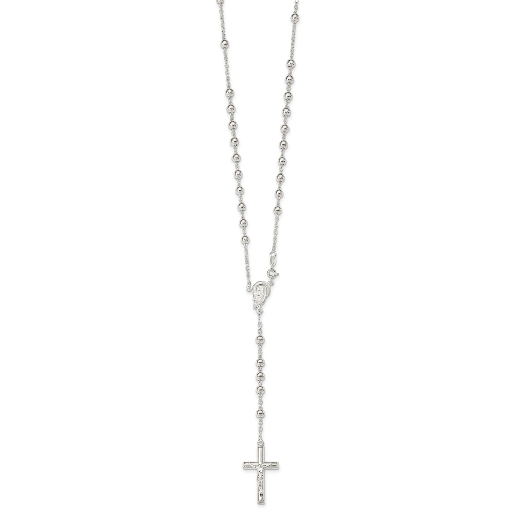 Sterling Silver Polished Beaded Rosary 30 inch Necklace