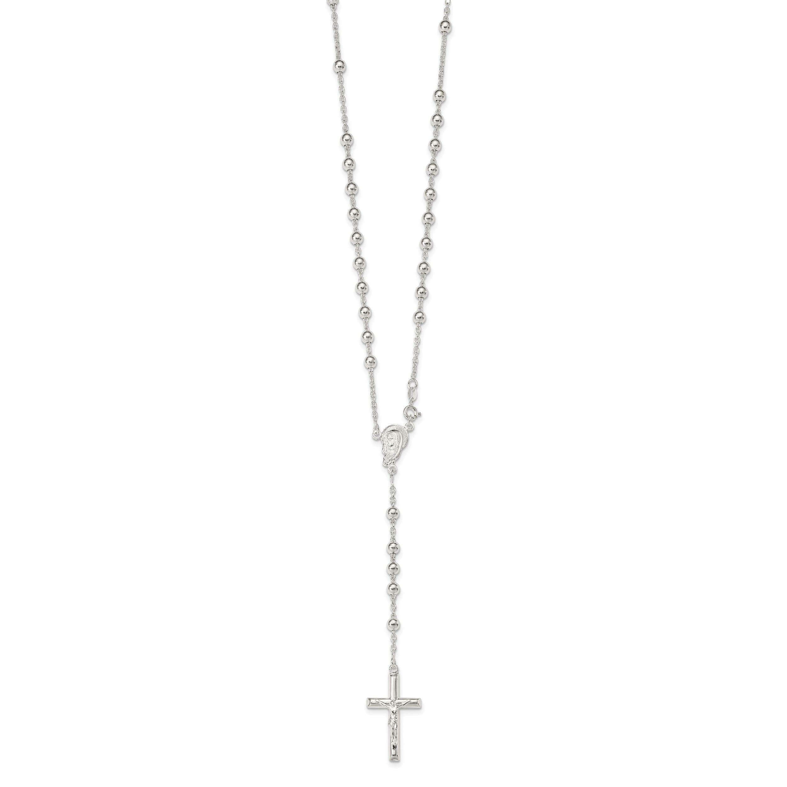 Sterling Silver Polished Beaded Rosary 30 inch Necklace