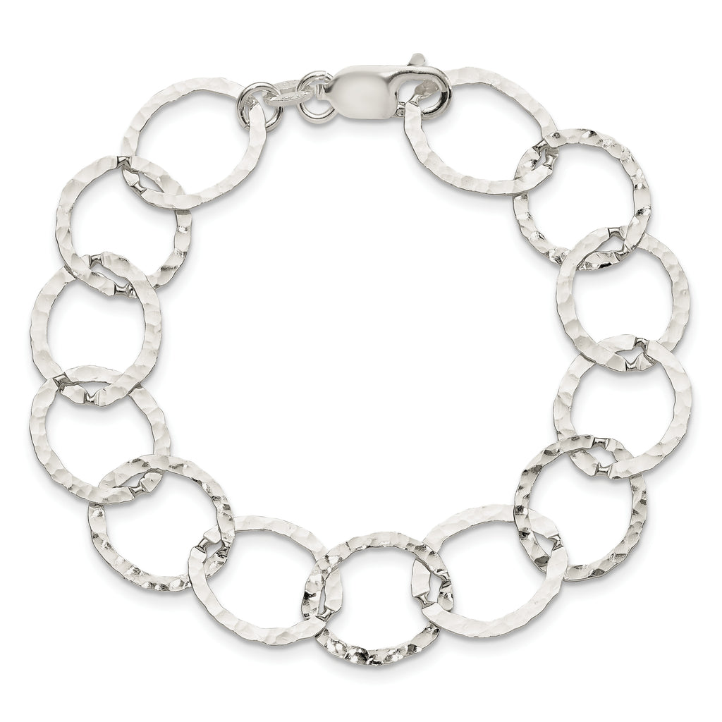 Sterling Silver Polished Hammered 15mm Circle Link 7.5 inch Bracelet
