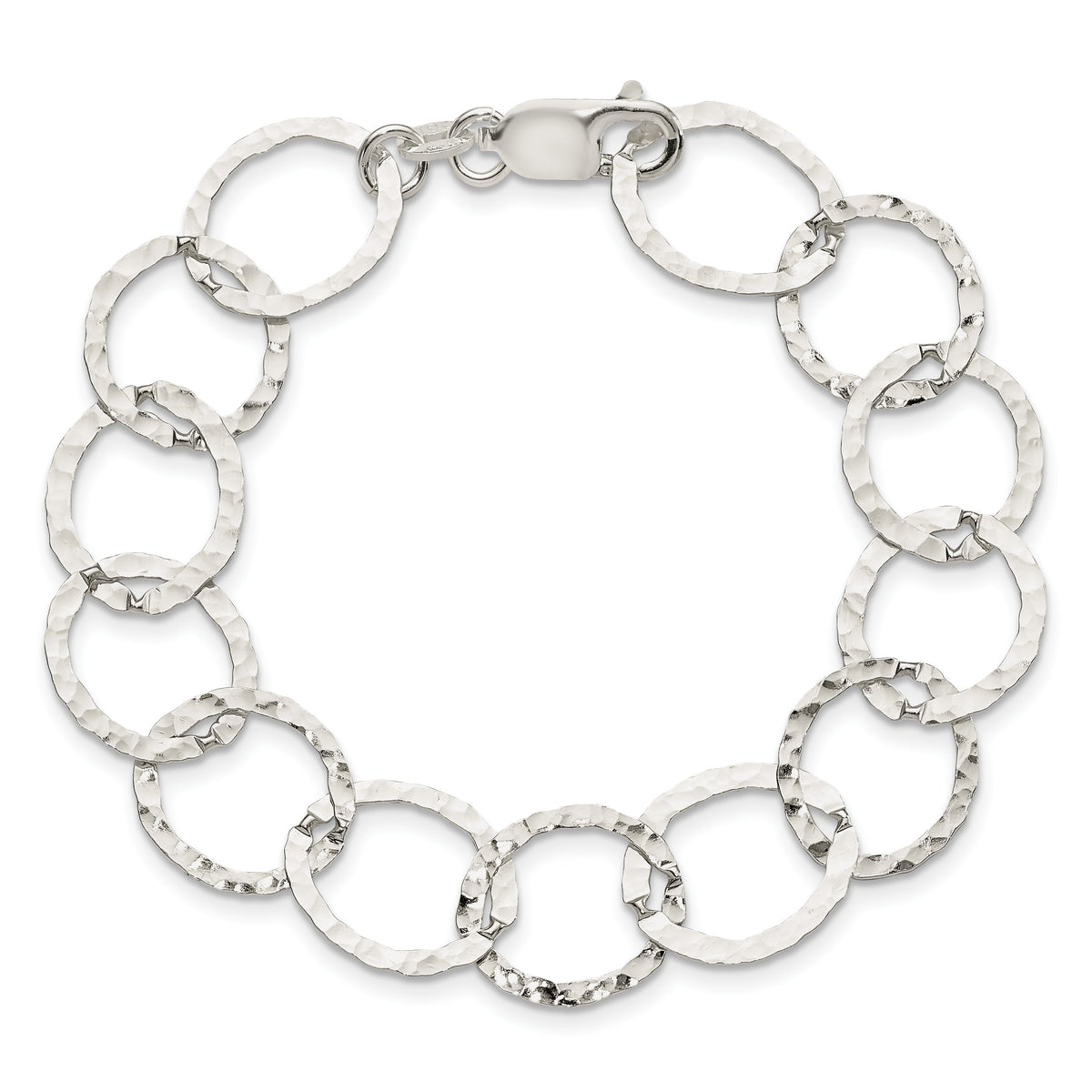 Sterling Silver Polished Hammered 15mm Circle Link 7.5 inch Bracelet