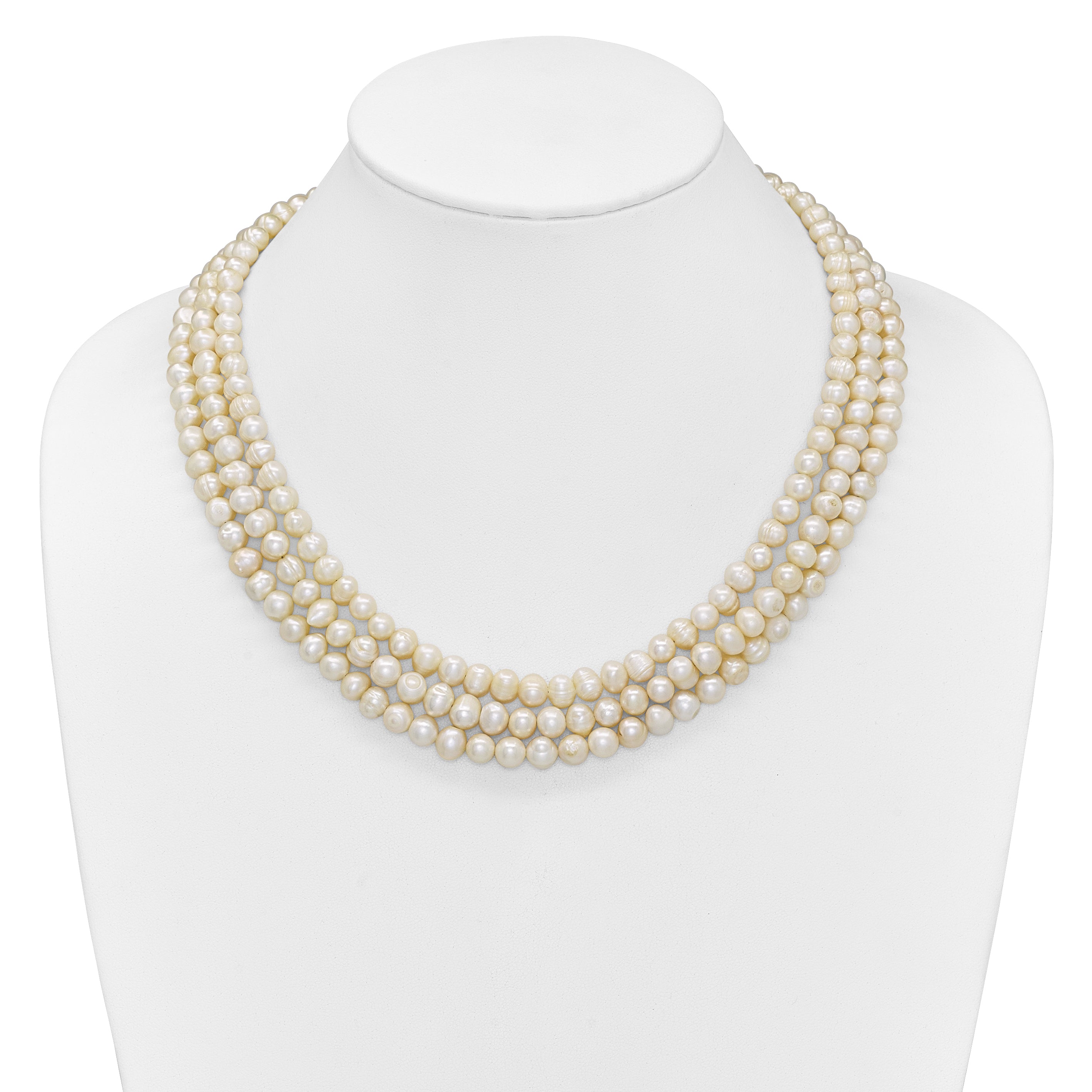 Sterling Silver Triple Strand White FW Cultured Pearl Necklace