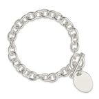 Sterling Silver Engravable 25x17mm Oval Disc Fancy Cable Link 7.5 inch Toggle Bracelet