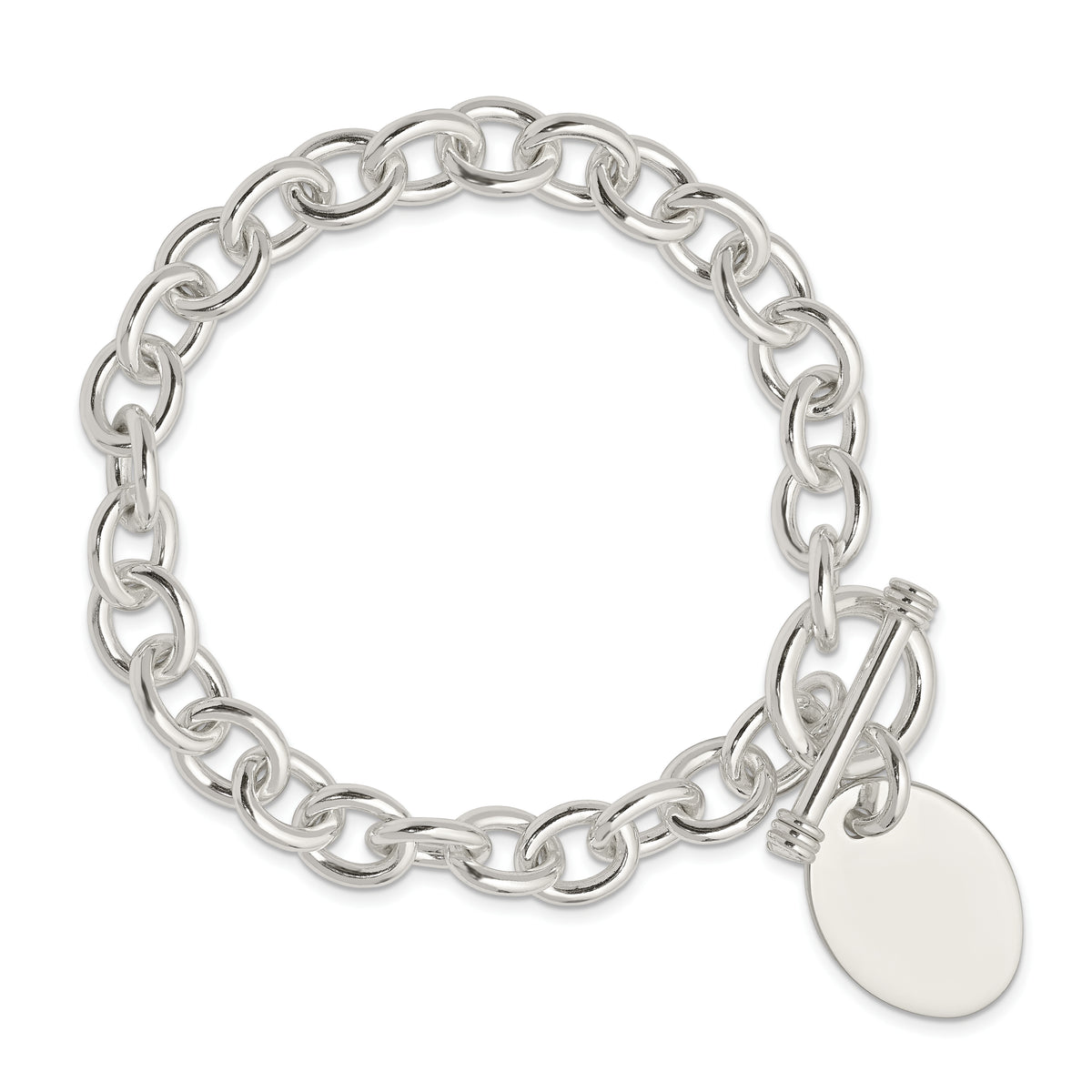 Sterling Silver Engravable 25x17mm Oval Disc Fancy Cable Link 7.5 inch Toggle Bracelet