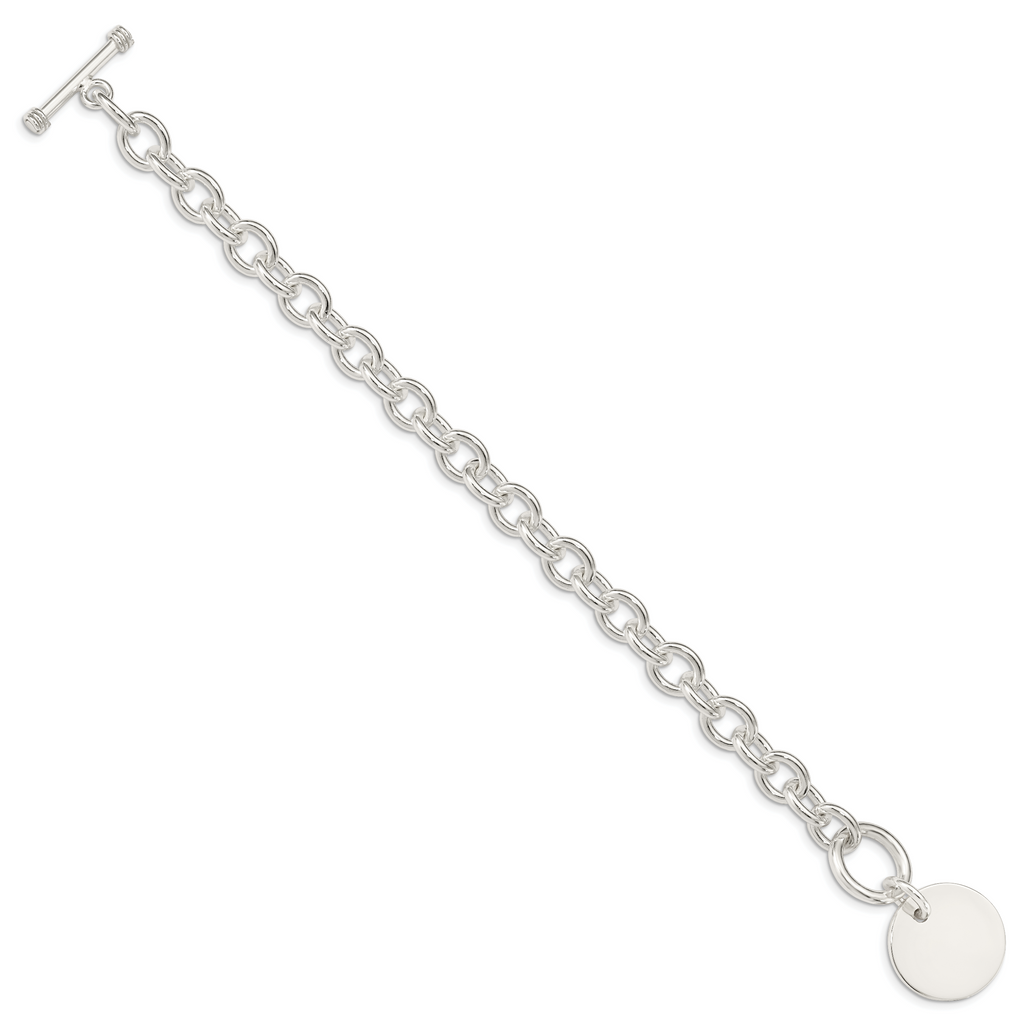 Sterling Silver Engraveable Circular Disc on Fancy Link Bracelet