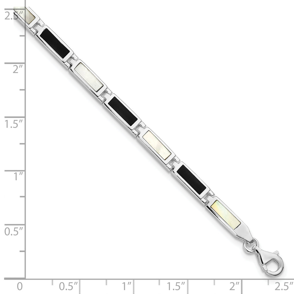 Sterling Silver Rhodium-plated 7in Onyx/Mother Of Pearl Bracelet