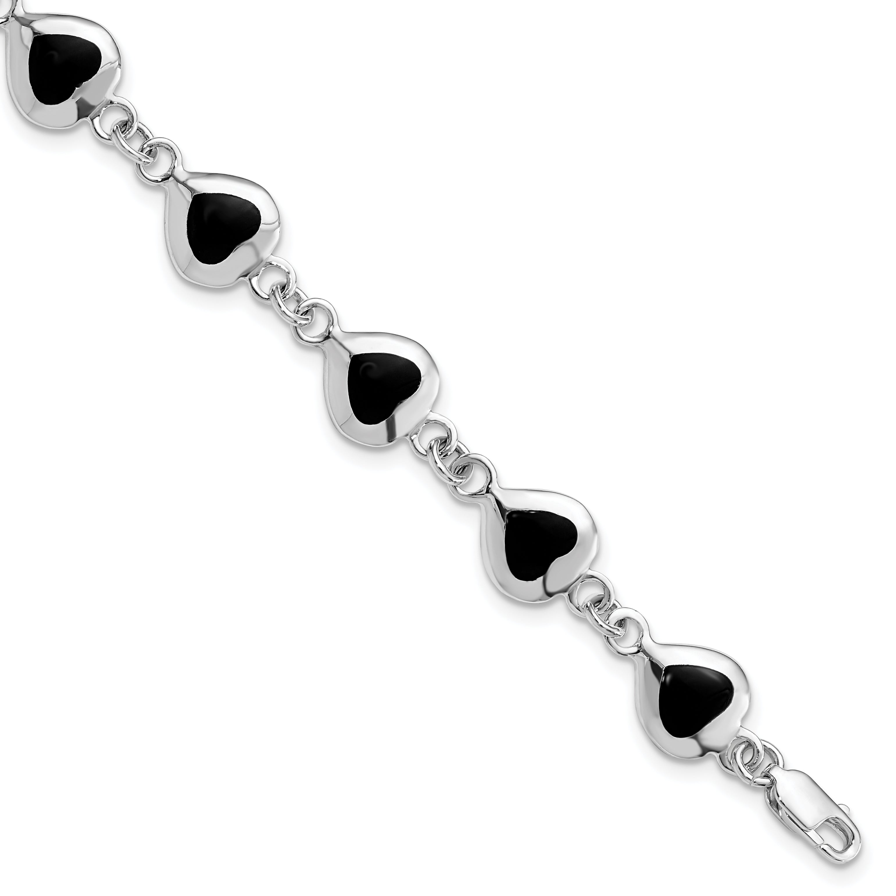 Sterling Silver Rhodium-plated 7inch Fancy Polished Heart Onyx Bracelet Main image