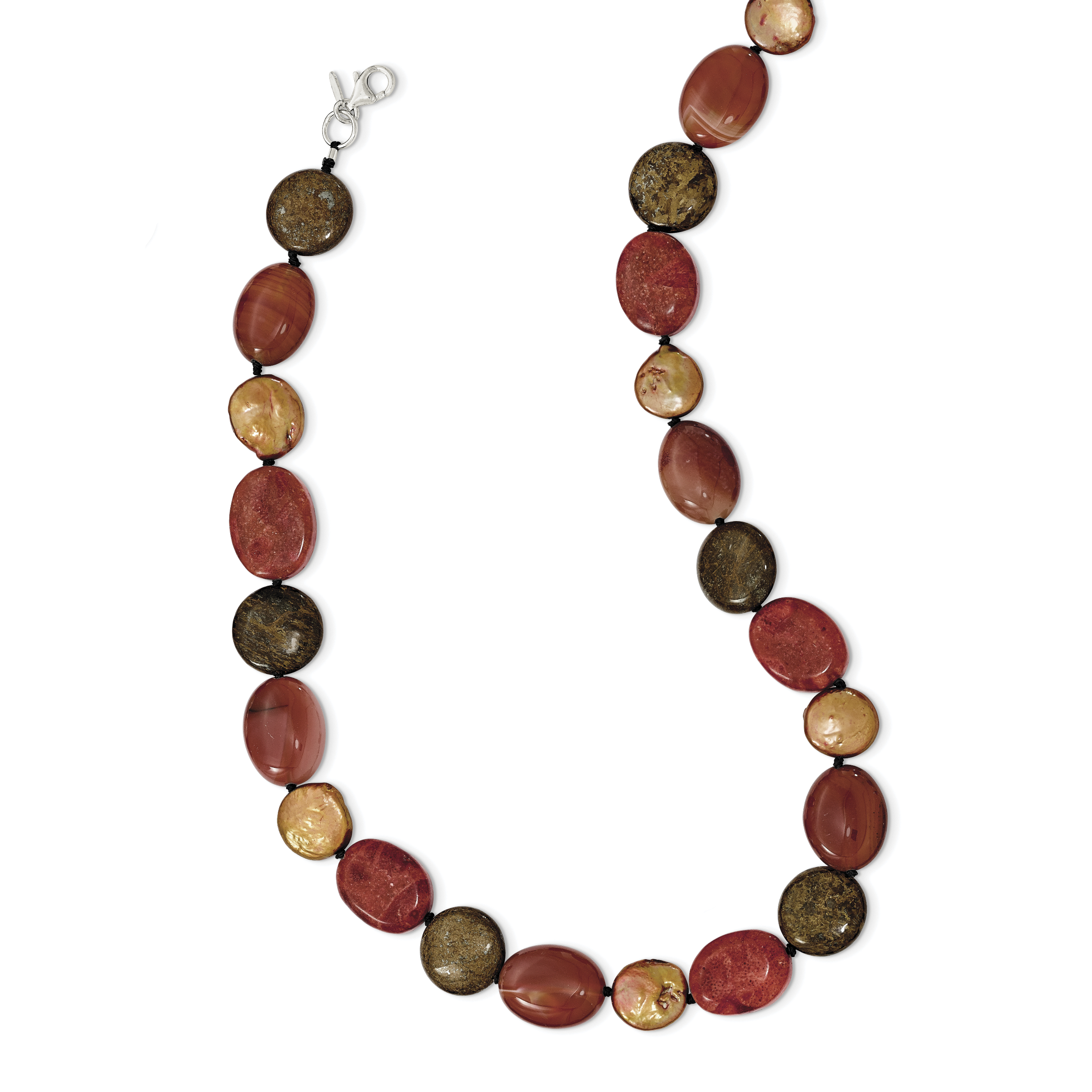 Sterling Silver Tiger Eyes/Carnelian/Reconst. Coral/FW Cult. Pearl Necklace Secondary image