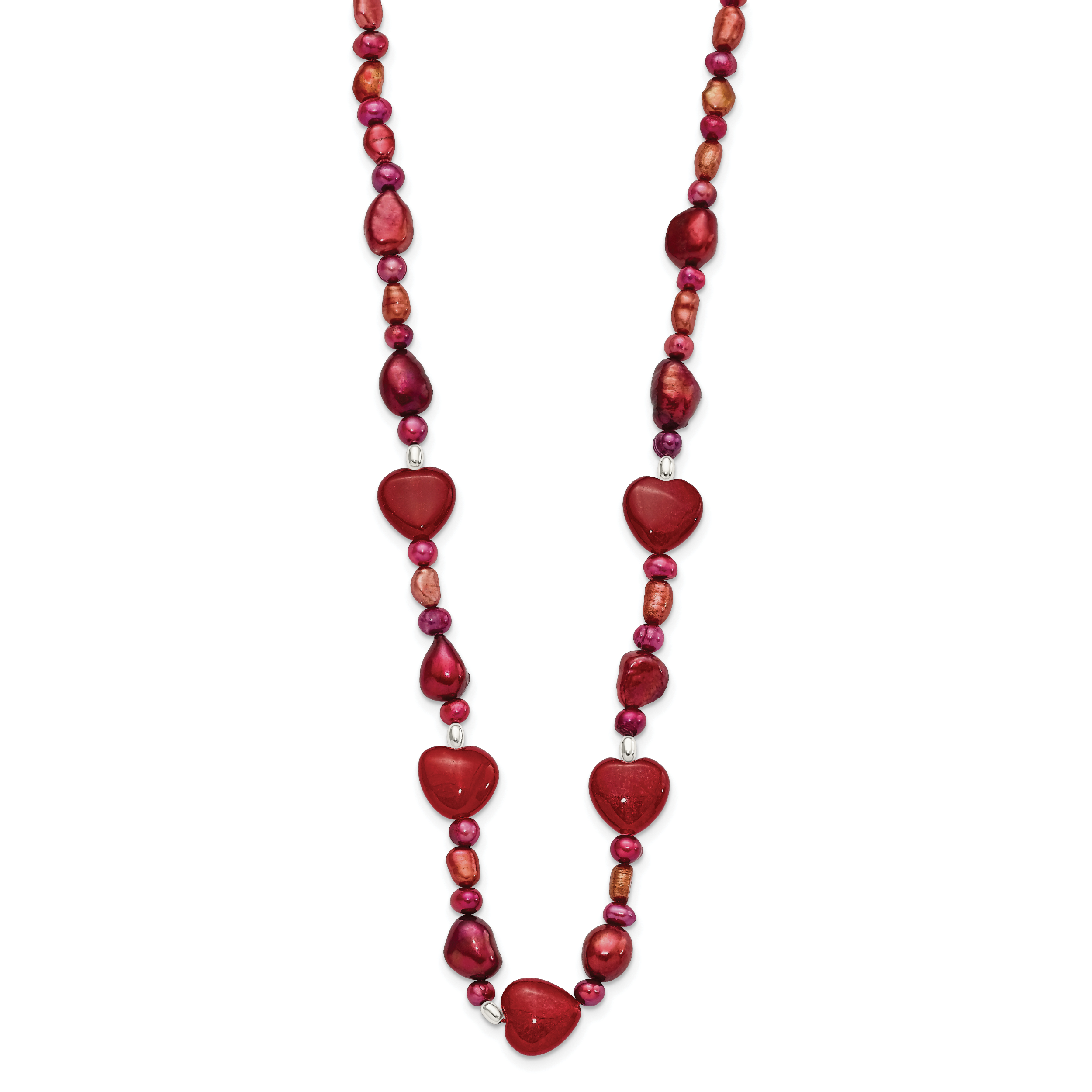 Sterling Silver Red Jade Hearts/FW Cultured Pearl Necklace Secondary image