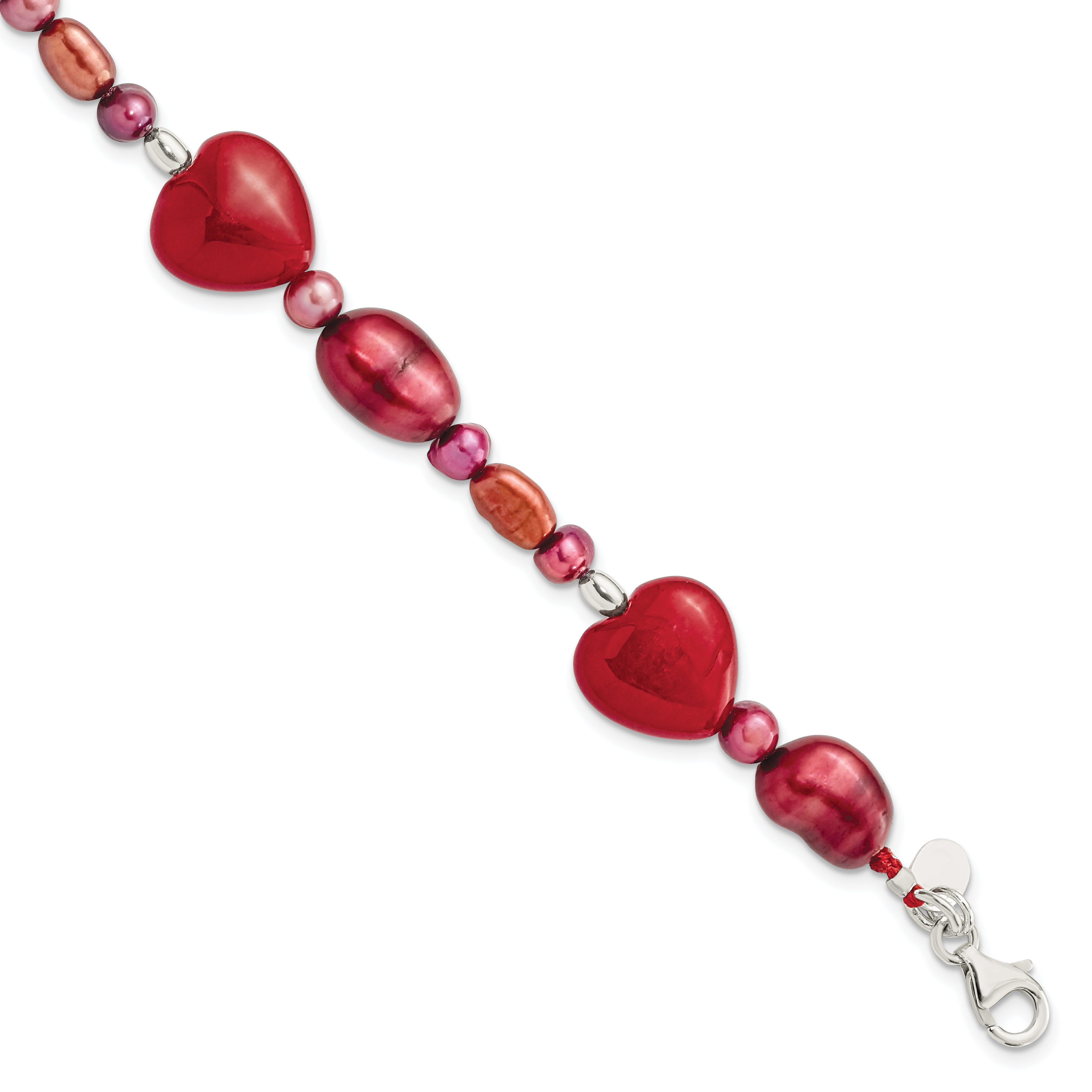 Sterling Silver Red Jade Hearts/FW Cultured Pearl Bracelet Main image
