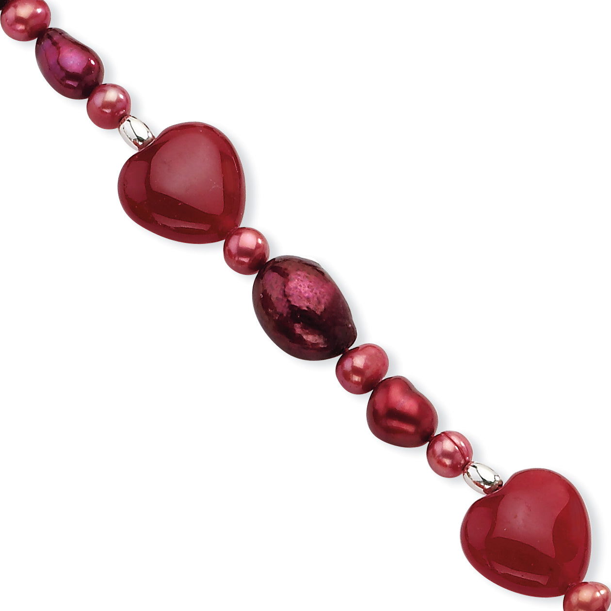 Sterling Silver Red Jade Hearts/FW Cultured Pearl Bracelet Secondary image