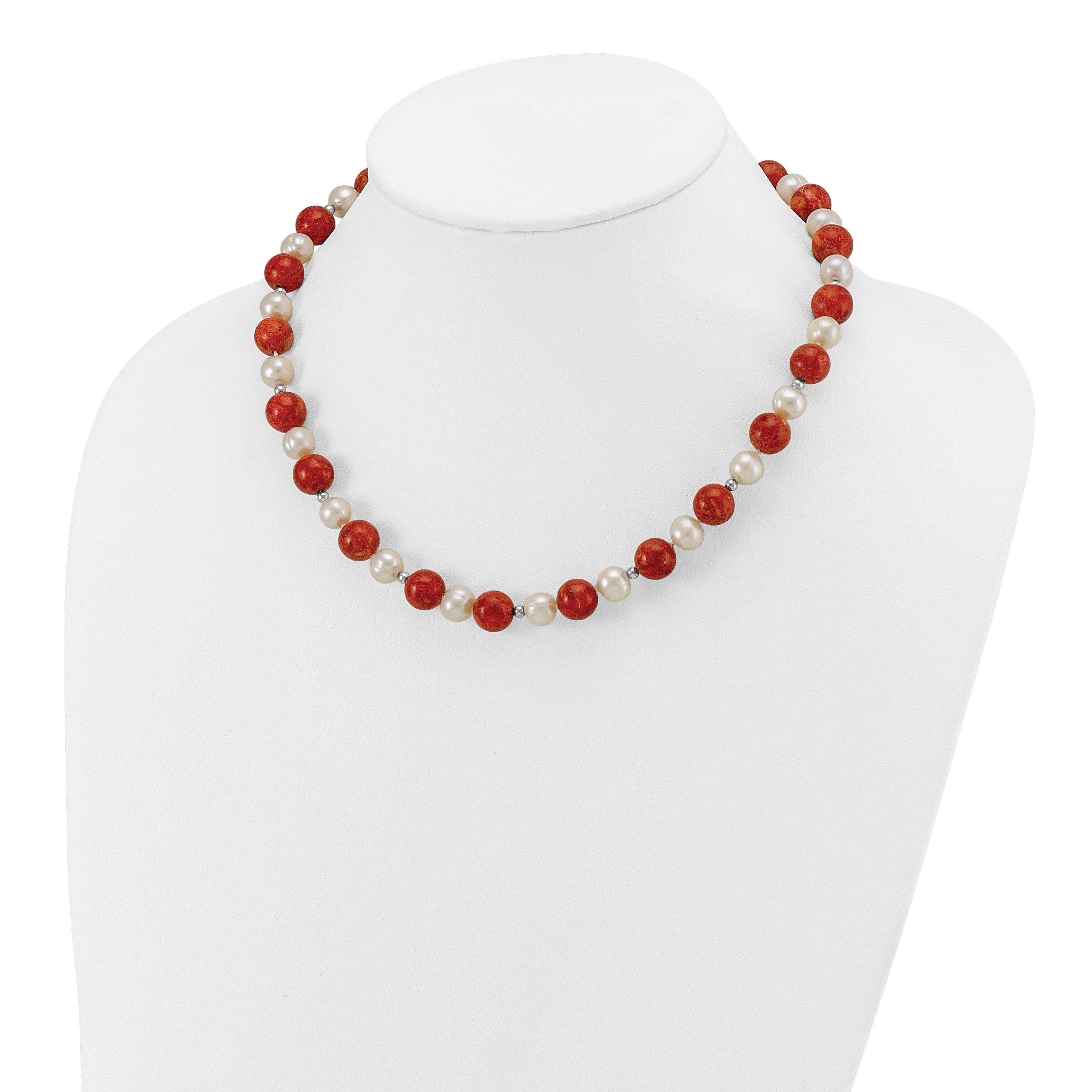 Sterling Silver Rhod-pltd FWC Pearl / Stabilized Red Coral Necklace
