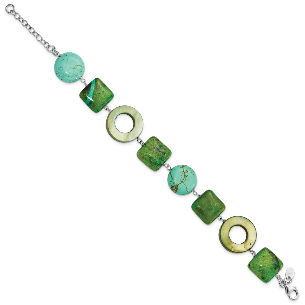 Sterling Silver Chrysocolla, Dyed Howlite & Dyed Mother Of Pearl With  1.5in ext Bracelet