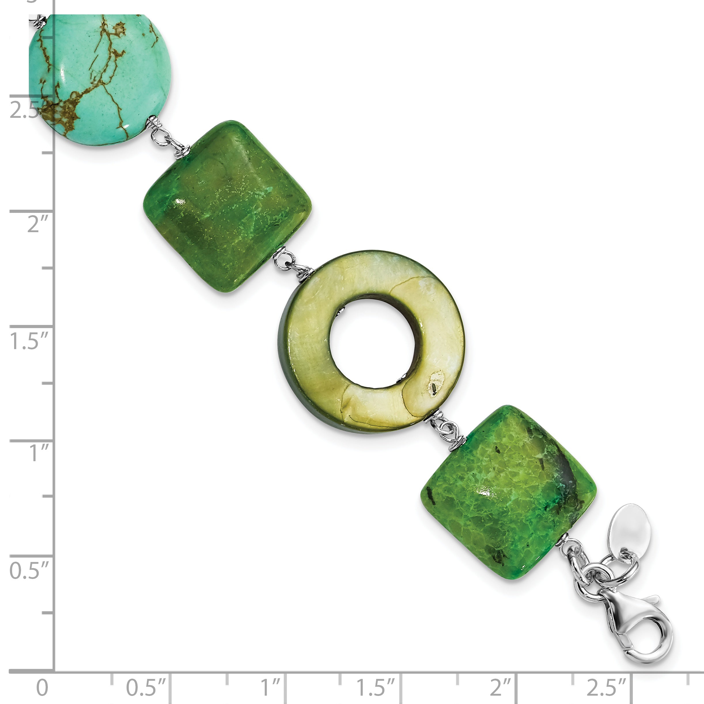 Sterling Silver Chrysocolla, Dyed Howlite & Dyed Mother Of Pearl With  1.5in ext Bracelet
