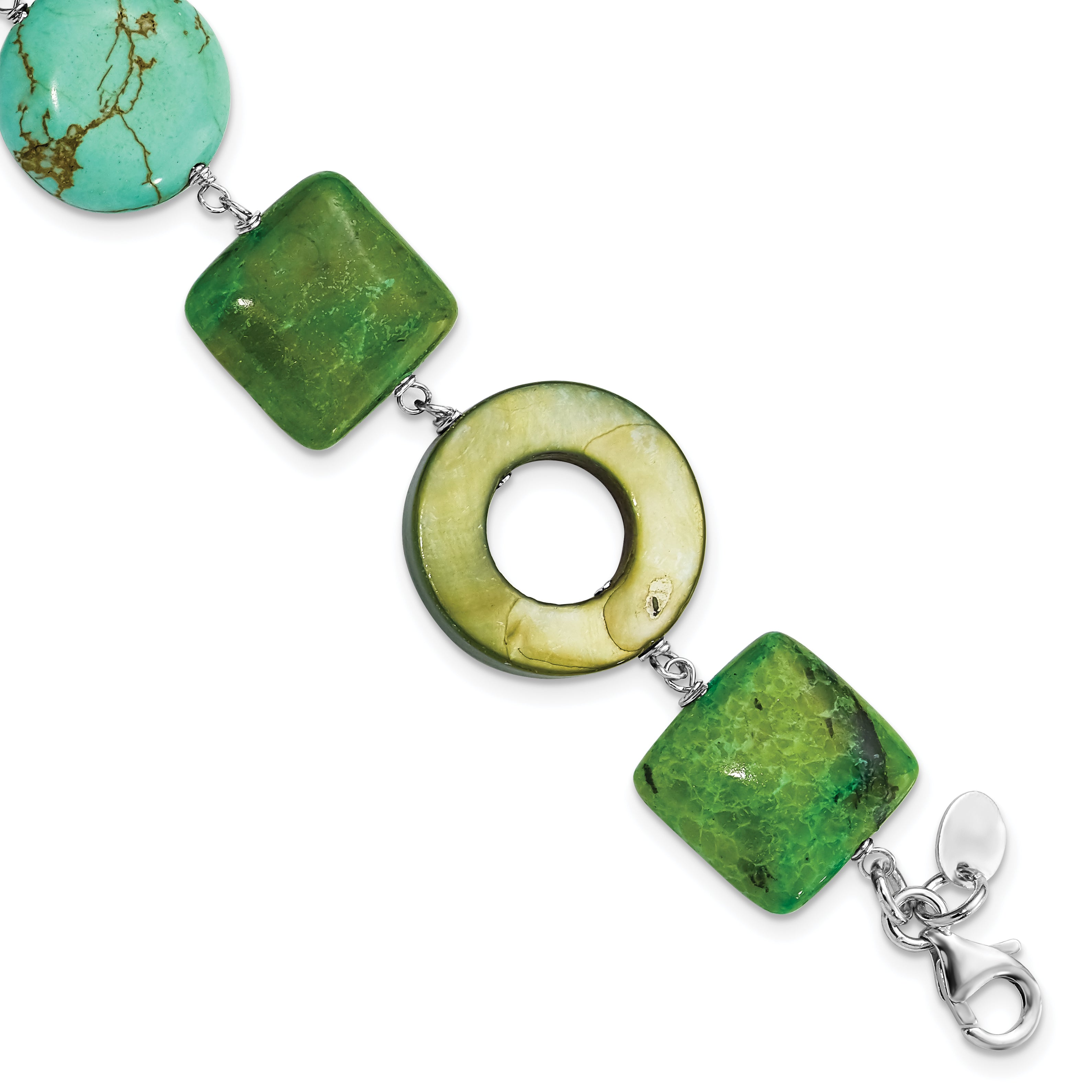 Sterling Silver Chrysocolla, Dyed Howlite & Dyed Mother Of Pearl With  1.5in ext Bracelet