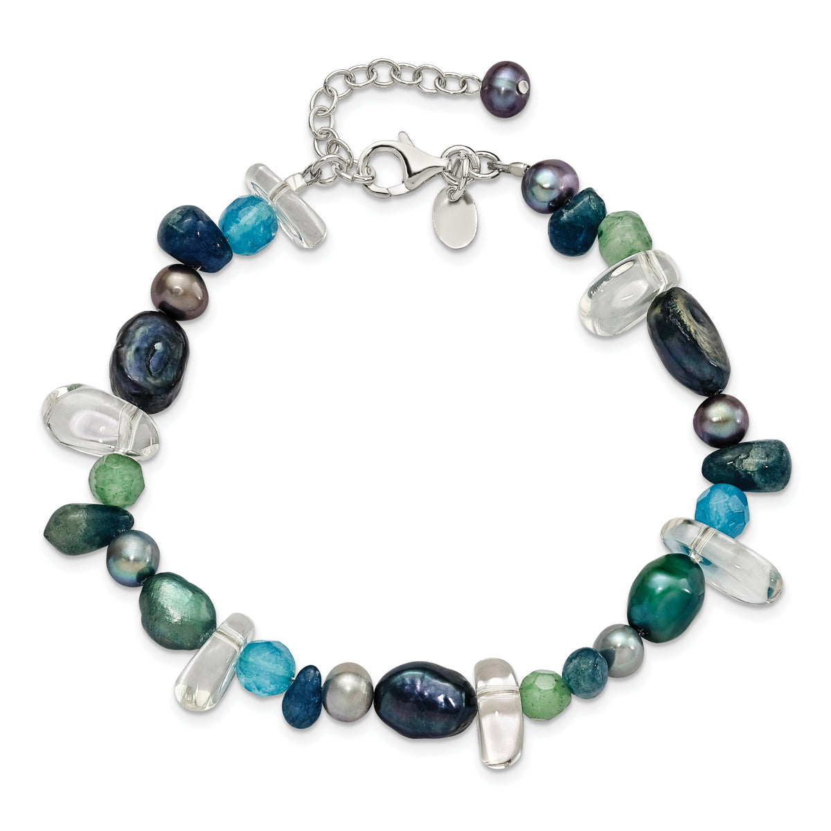Sterling Silver Aventurine/Synthetic Blue Quartz/Freshwater Cultured Pearl/Crystal 7.75 inch Bracelet