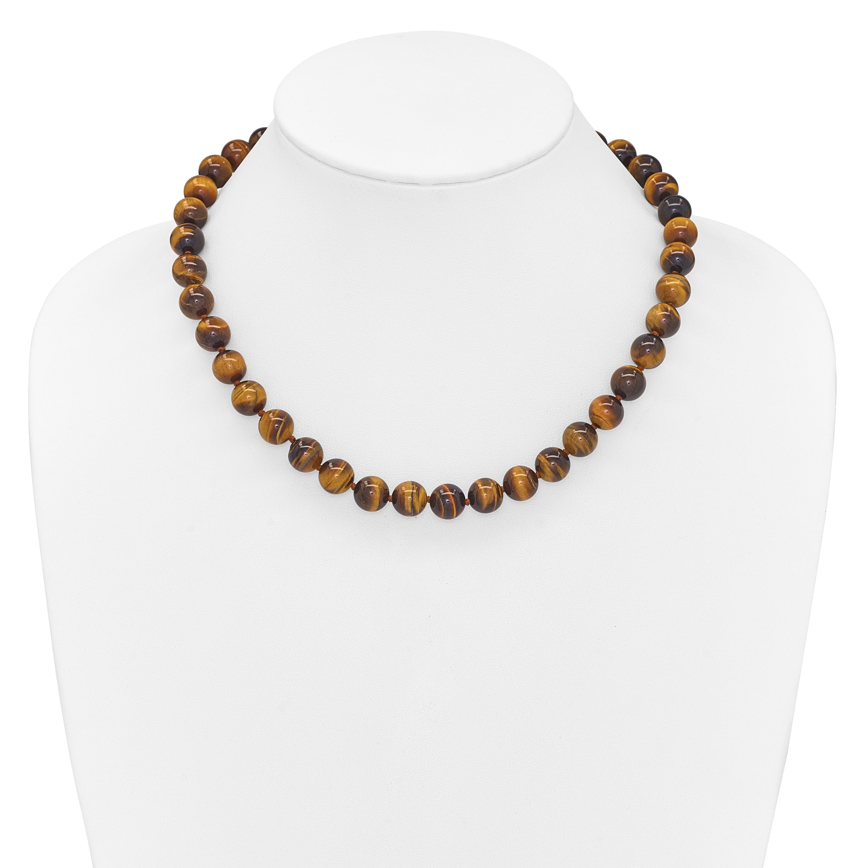 10-10.5mm Smooth Beaded Tiger Eye Necklace With Sterling S.RH Clasp