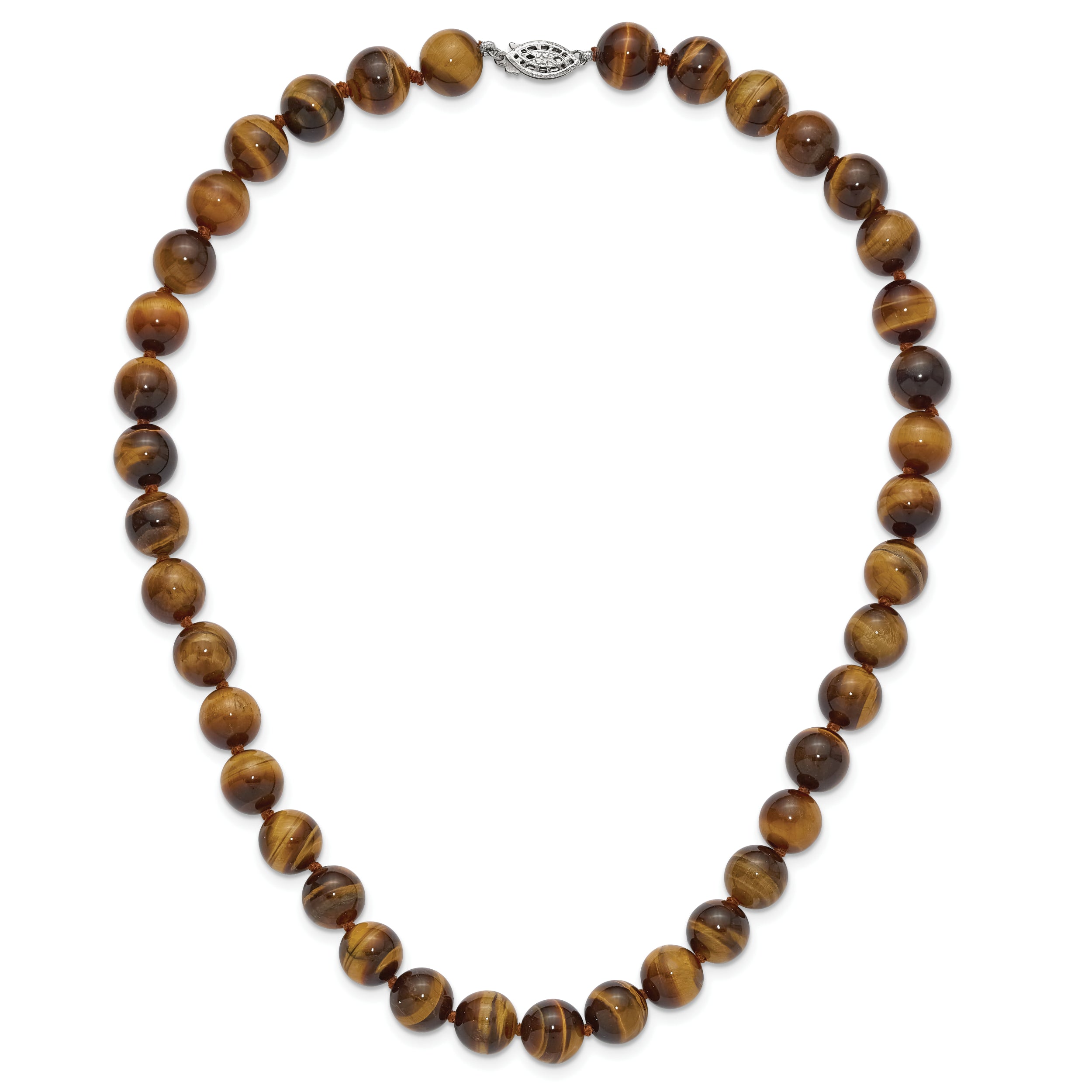 10-10.5mm Smooth Beaded Tiger Eye Necklace With Sterling S.RH Clasp