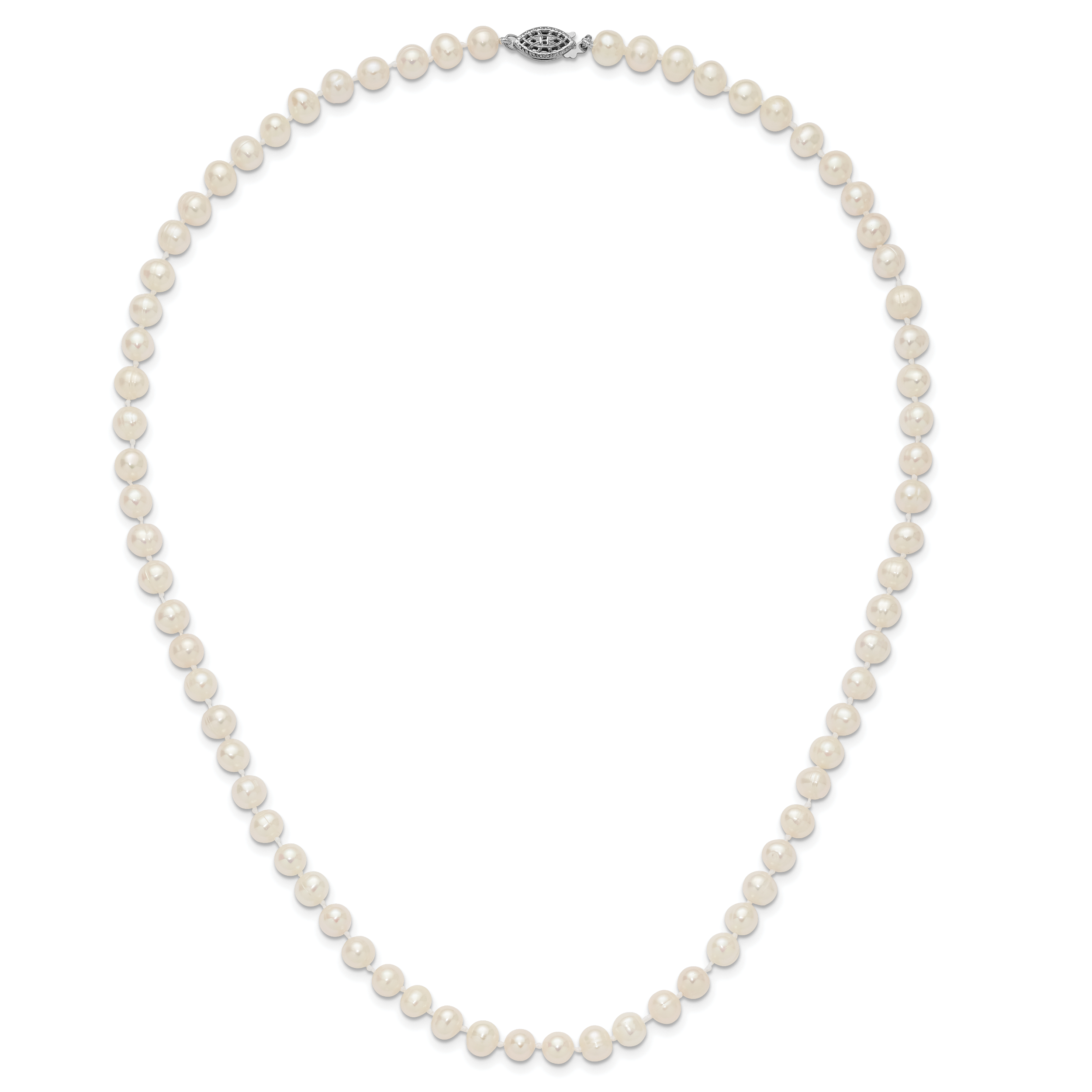Sterling Silver Rhodium-plated 6-7mm White Near-Round Freshwater Cultured Pearl Necklace
