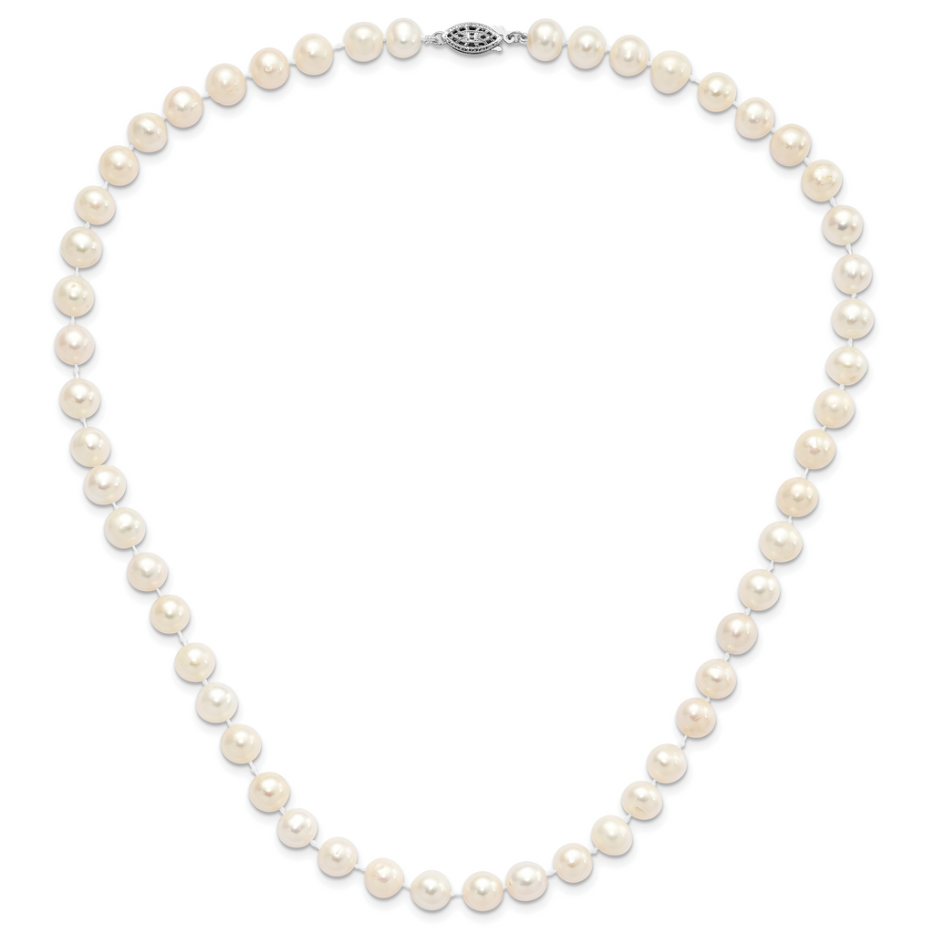 Sterling Silver Rhodium-plated 8-9mm White Near-Round Freshwater Cultured Pearl Necklace