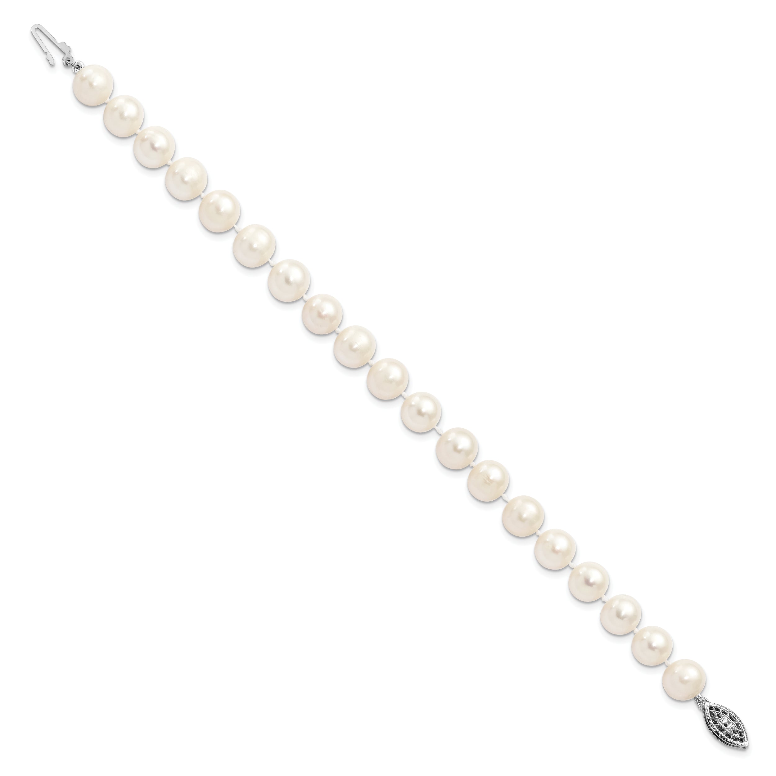 Sterling Silver Rhodium-plated 8-9mm White Near-Round Freshwater Cultured Pearl 7.25 inch Bracelet