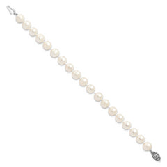 Sterling Silver Rhodium-plated 8-9mm White Near Round Freshwater Cultured Pearl 8.25 inch Bracelet