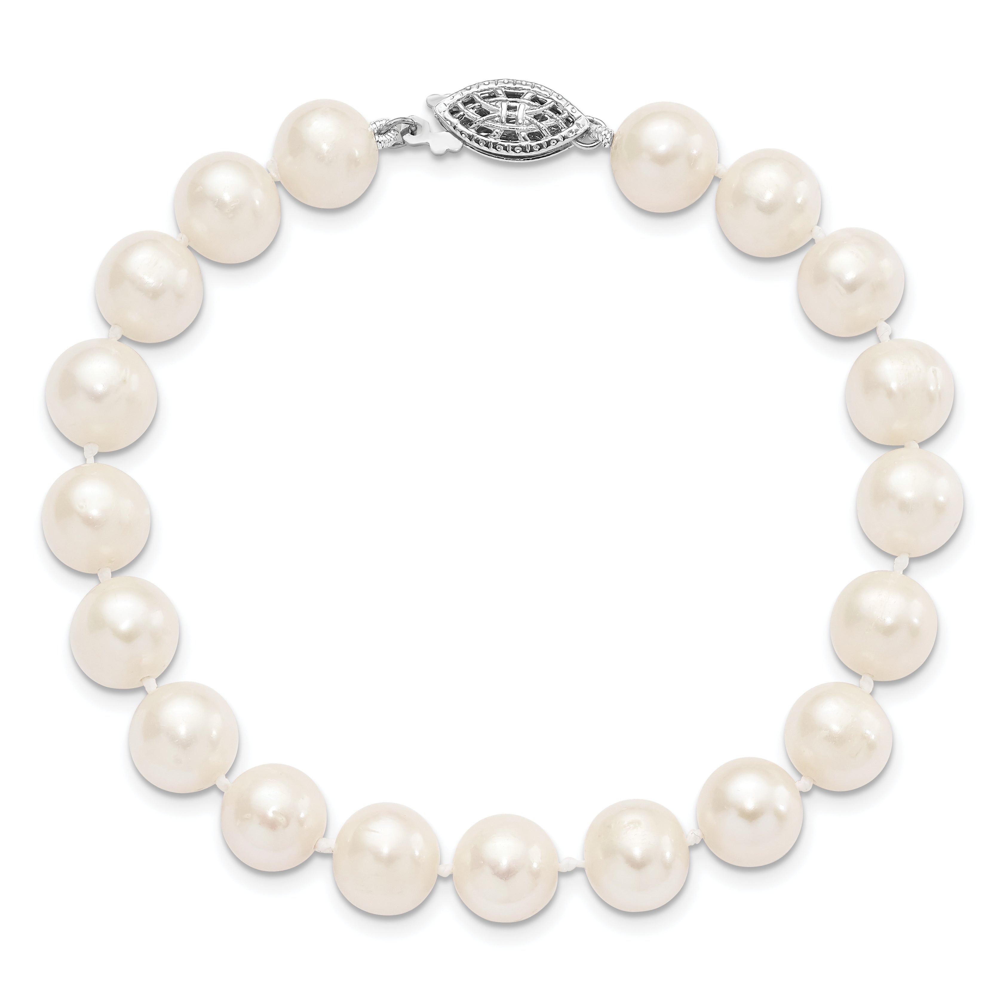 Sterling Silver Rhodium-plated 8-9mm White Near-Round Freshwater Cultured Pearl 7.25 inch Bracelet