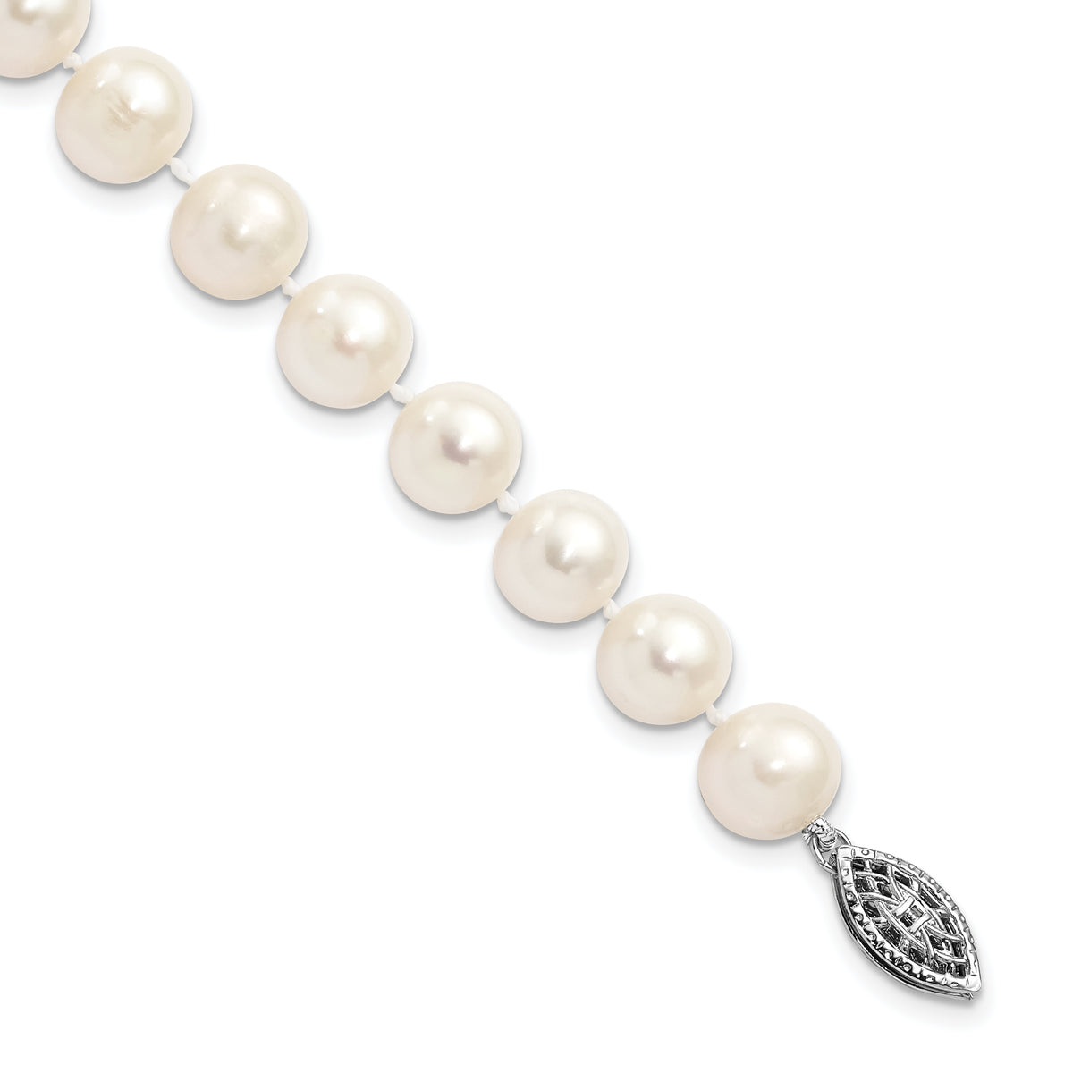 Sterling Silver Rhodium-plated 8-9mm White Near-Round Freshwater Cultured Pearl 7.25 inch Bracelet