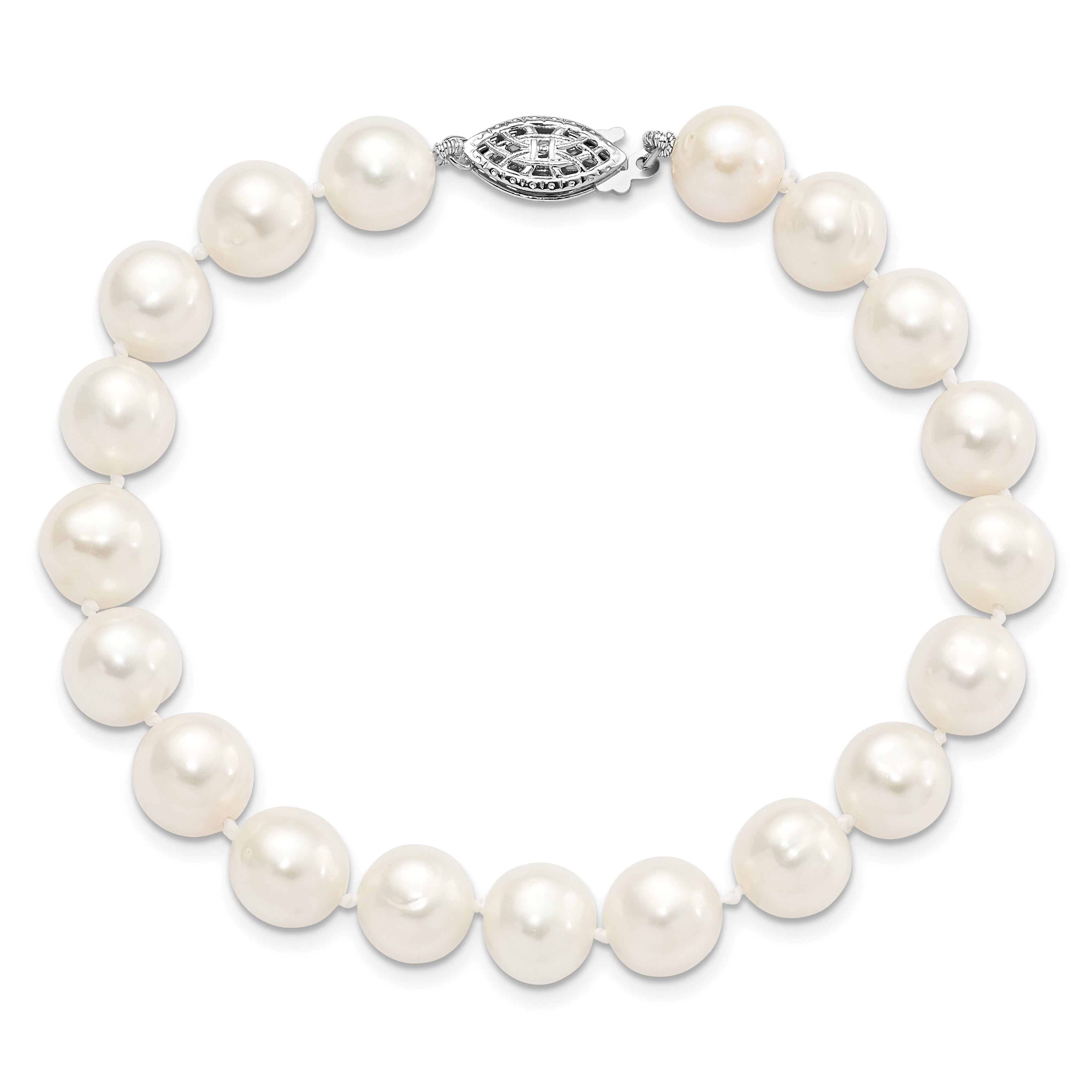 Sterling Silver Rhodium-plated 6-7mm White Near Round Freshwater Cultured Pearl 8.25 inch Bracelet