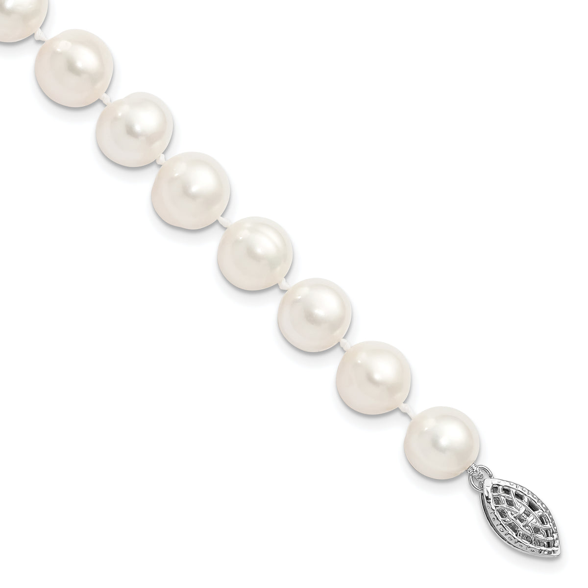 Sterling Silver Rhodium-plated 9-10mm White Near-Round Freshwater Cultured Pearl 7.25 inch Bracelet