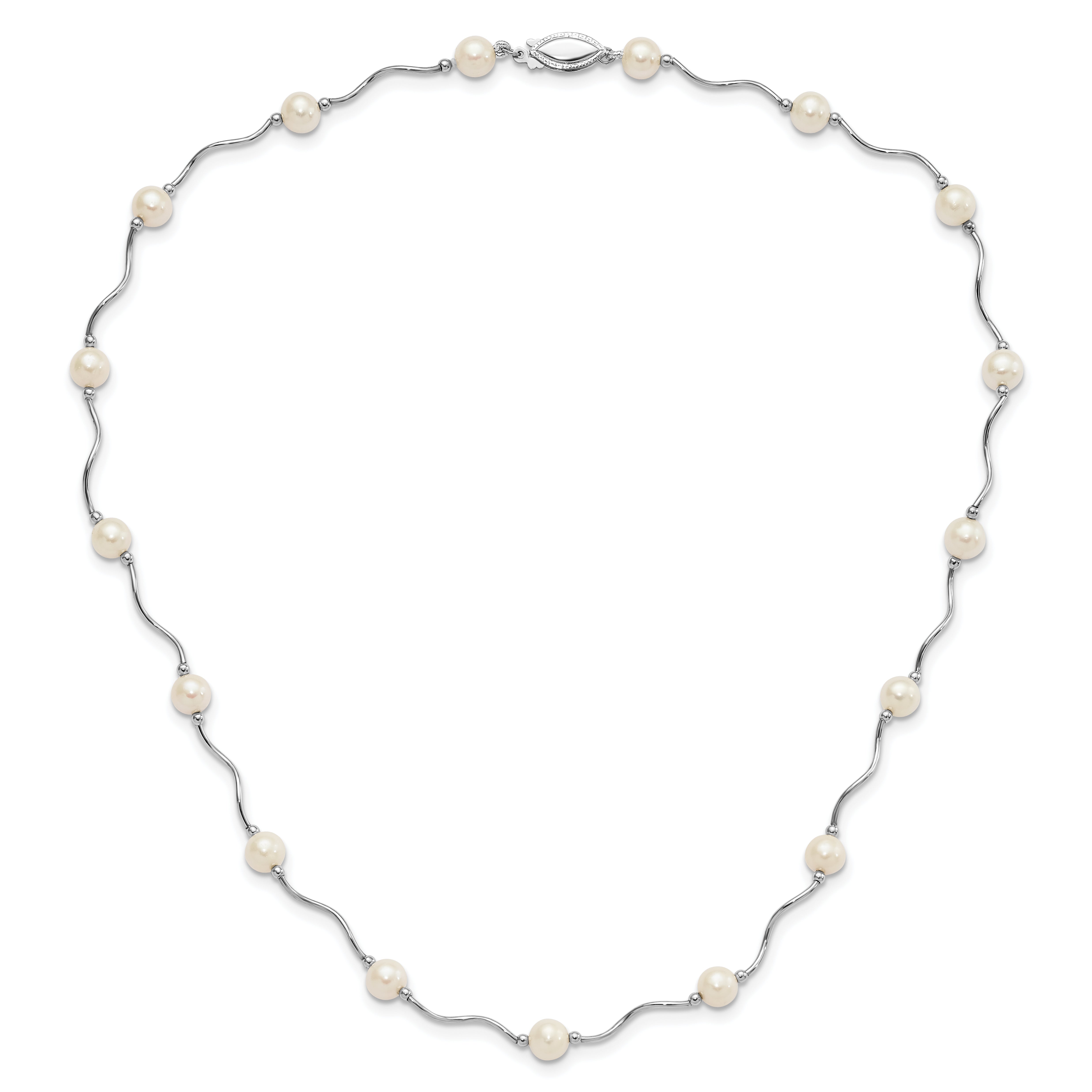 Sterling Silver Rhodium-plated 6-7mm White Near-Round Freshwater Cultured Pearl 18-Station 18 inch Necklace
