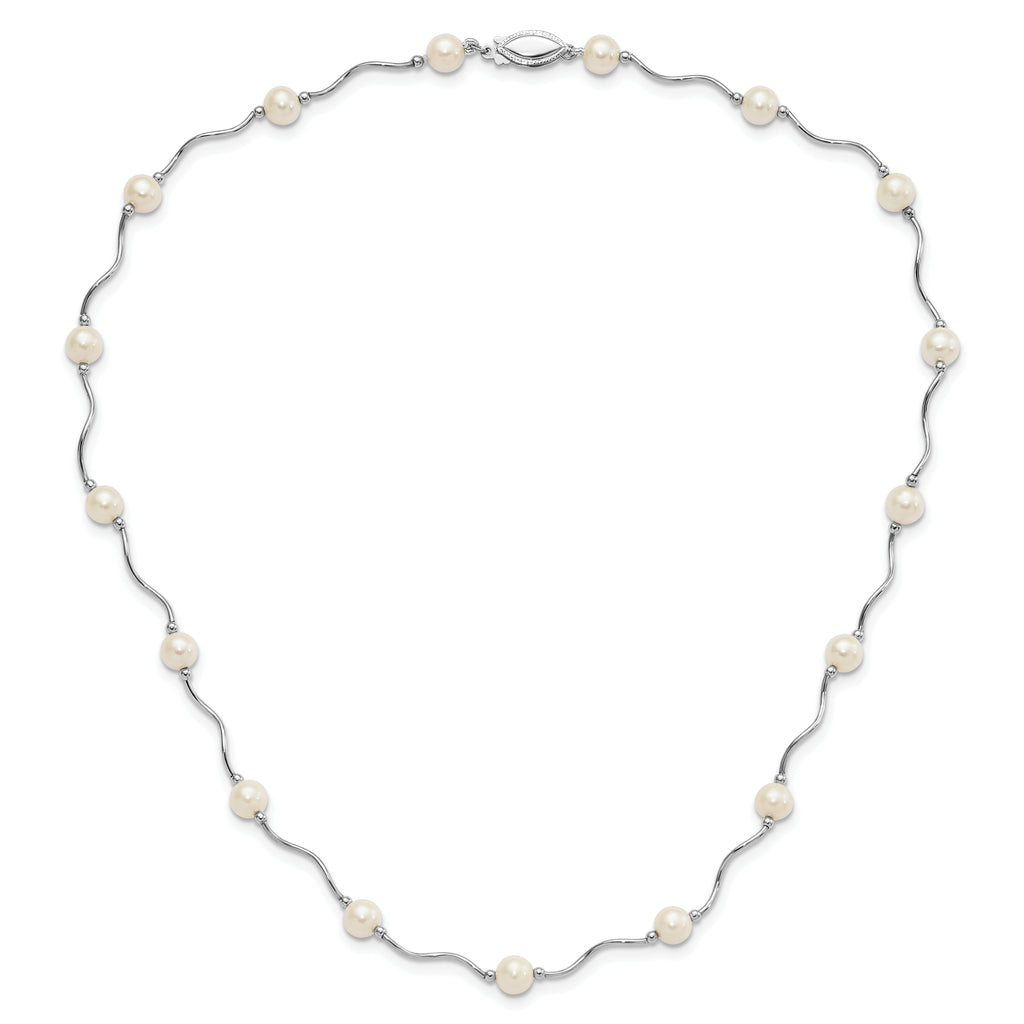 Sterling Silver Rhodium-plated 6-7mm White Near-Round Freshwater Cultured Pearl 18-Station 18 inch Necklace