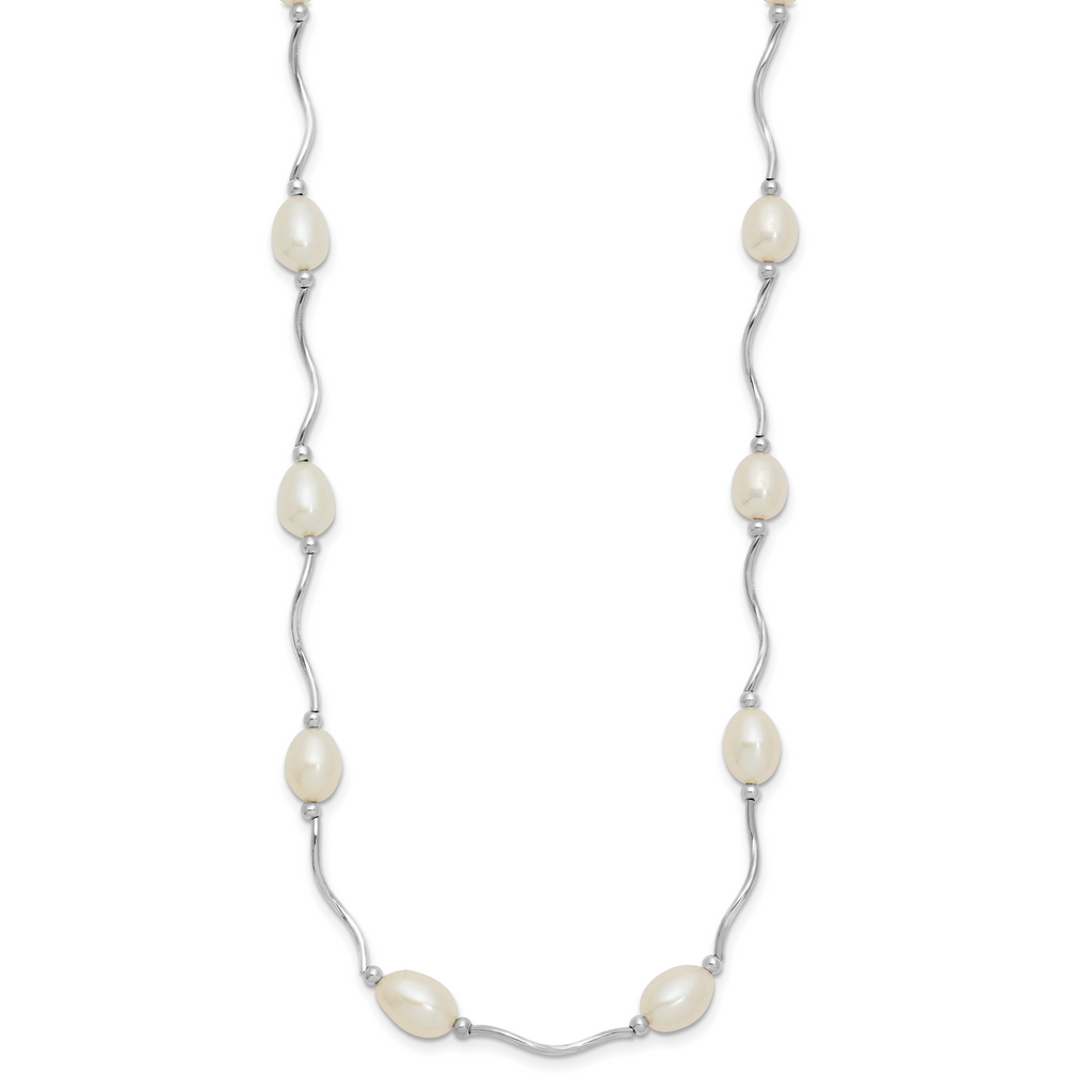 Sterling Silver Rhodium-plated 6-7mm White Rice Freshwater Cultured Pearl 16-Station 18 inch Necklace