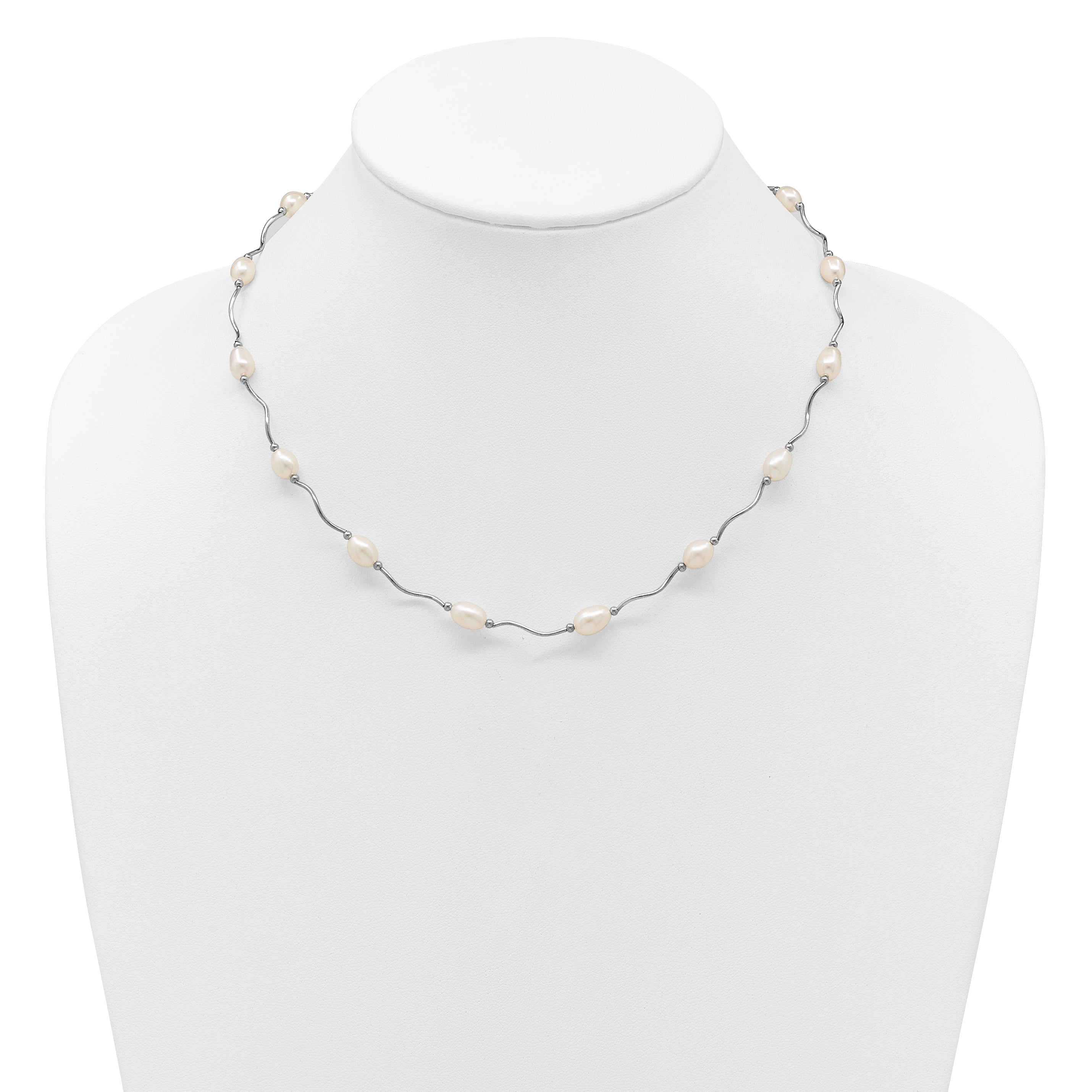 Sterling Silver Rhodium-plated 6-7mm White Rice Freshwater Cultured Pearl 16-Station 18 inch Necklace