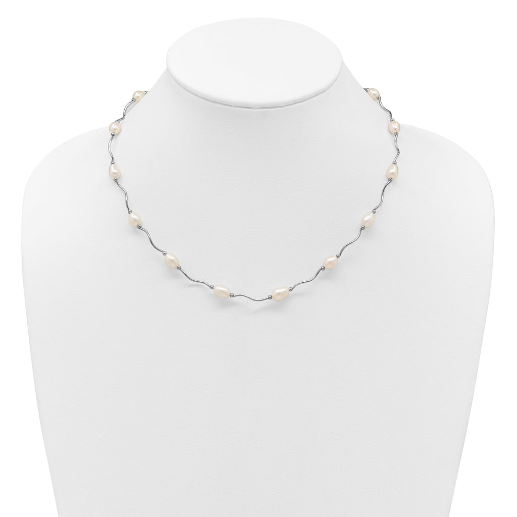 Sterling Silver Rhodium-plated 6-7mm White Rice Freshwater Cultured Pearl 16-Station 18 inch Necklace